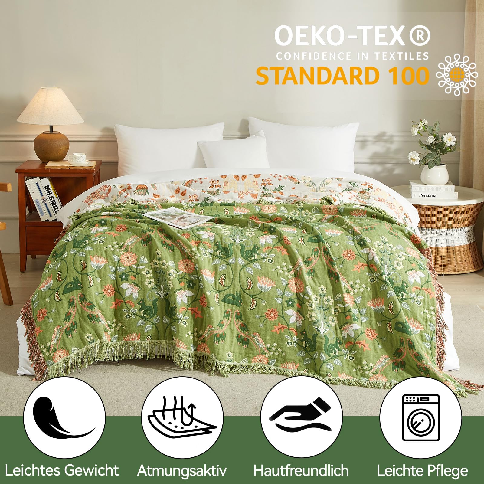 Bailix Narzuta w stylu boho, 100% bawełna, z frędzlami, dwustronny koc w stylu boho, 150 x 200 cm, przytulny koc na sofę i narzuta