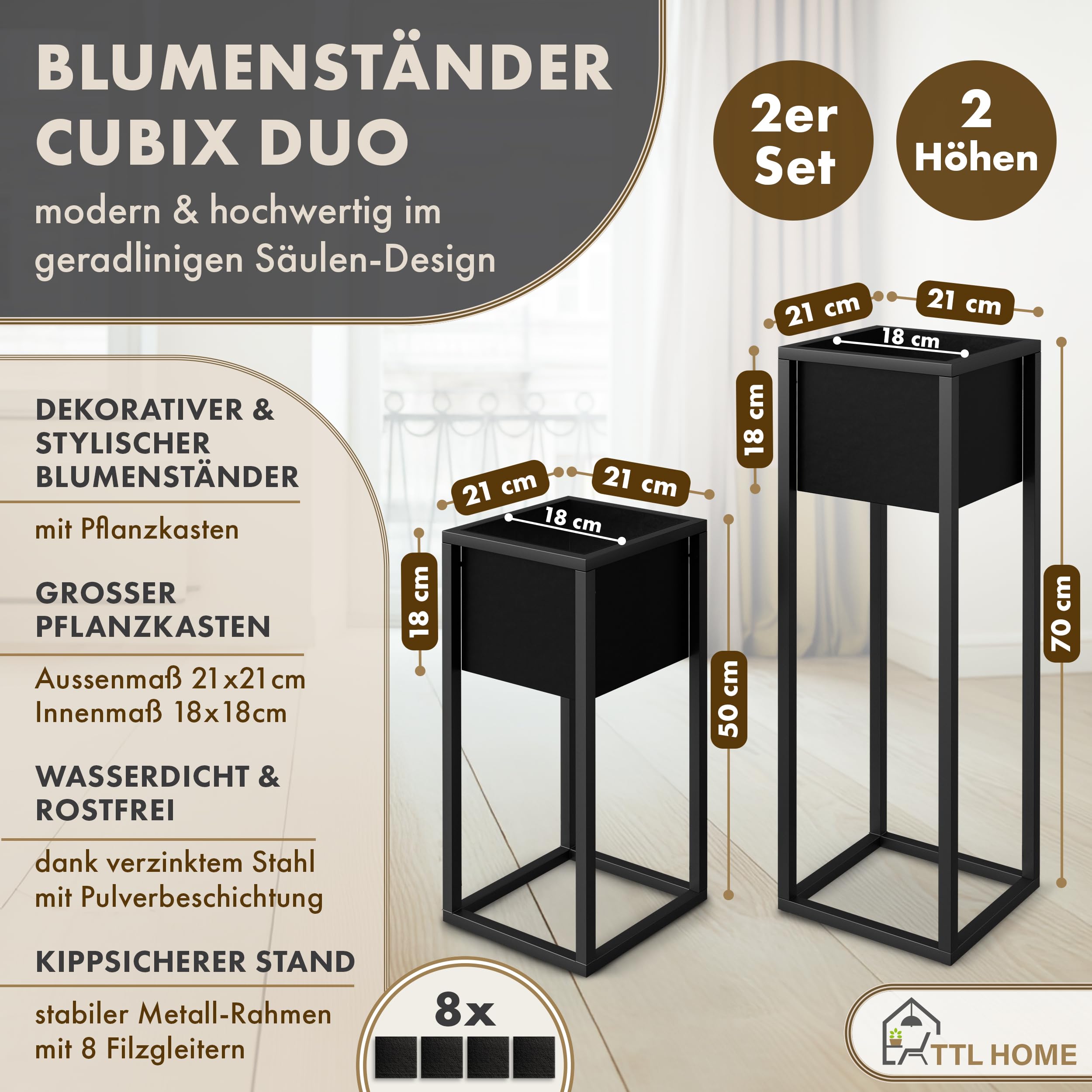 Blumenständer CUBIX DUO 2er Set - 50 und 70 cm hoch Metall schwarz