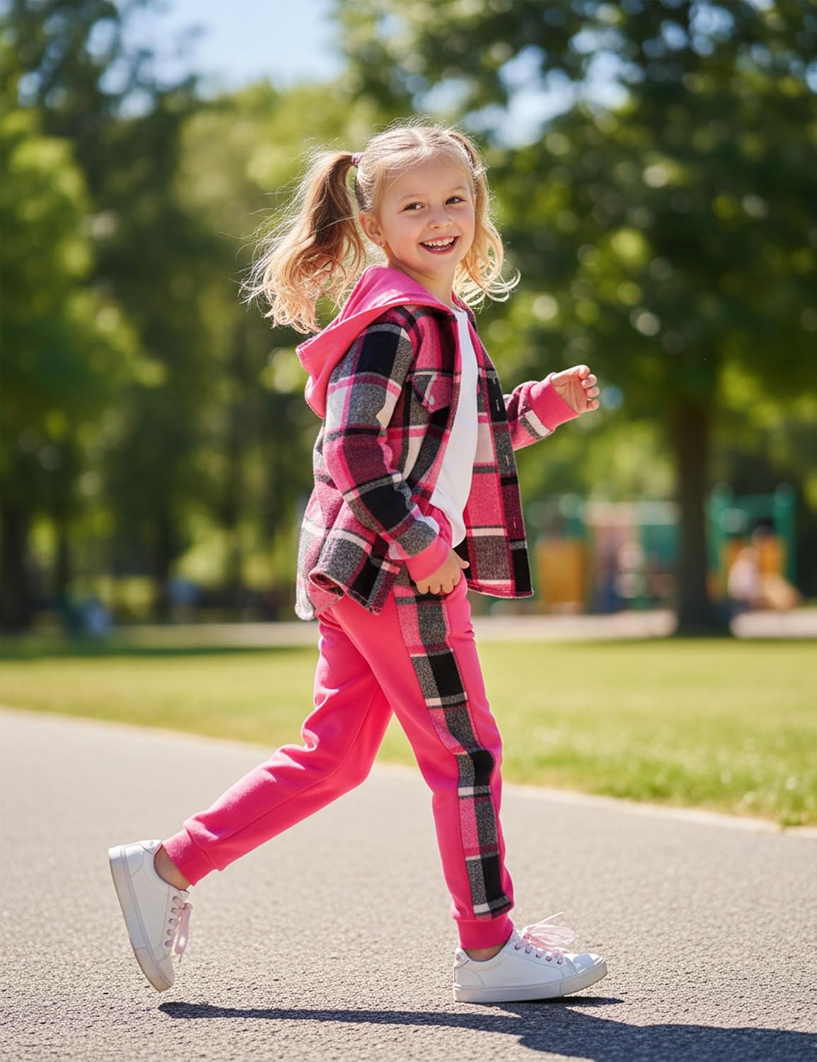 Girls Clothes Fall Outfits Classic Flannel Plaid Soft Cozy Hoodies for Girls Sweatshirt Sweatpant 2pcs Sets 7-14Y - Image 3