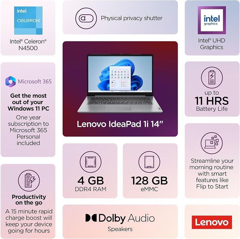 Lenovo Laptop Computer 2026 Edition for Students Daily Study, 1-Year Microsoft 365 Subscription, 14", 4GB RAM, 128GB eMMC, Lightweight Design, All-Day Battery Life & Fast Charging, Windows 11 Home image 2