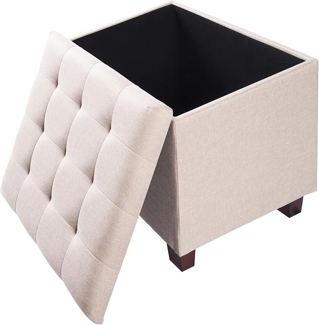 eSituro Ottoman Storage Square Chest Padded Footstool Linen Pouffe Chair Beige Bed End Bench Shoe Bench Children Toy Box Stool Milking Stool