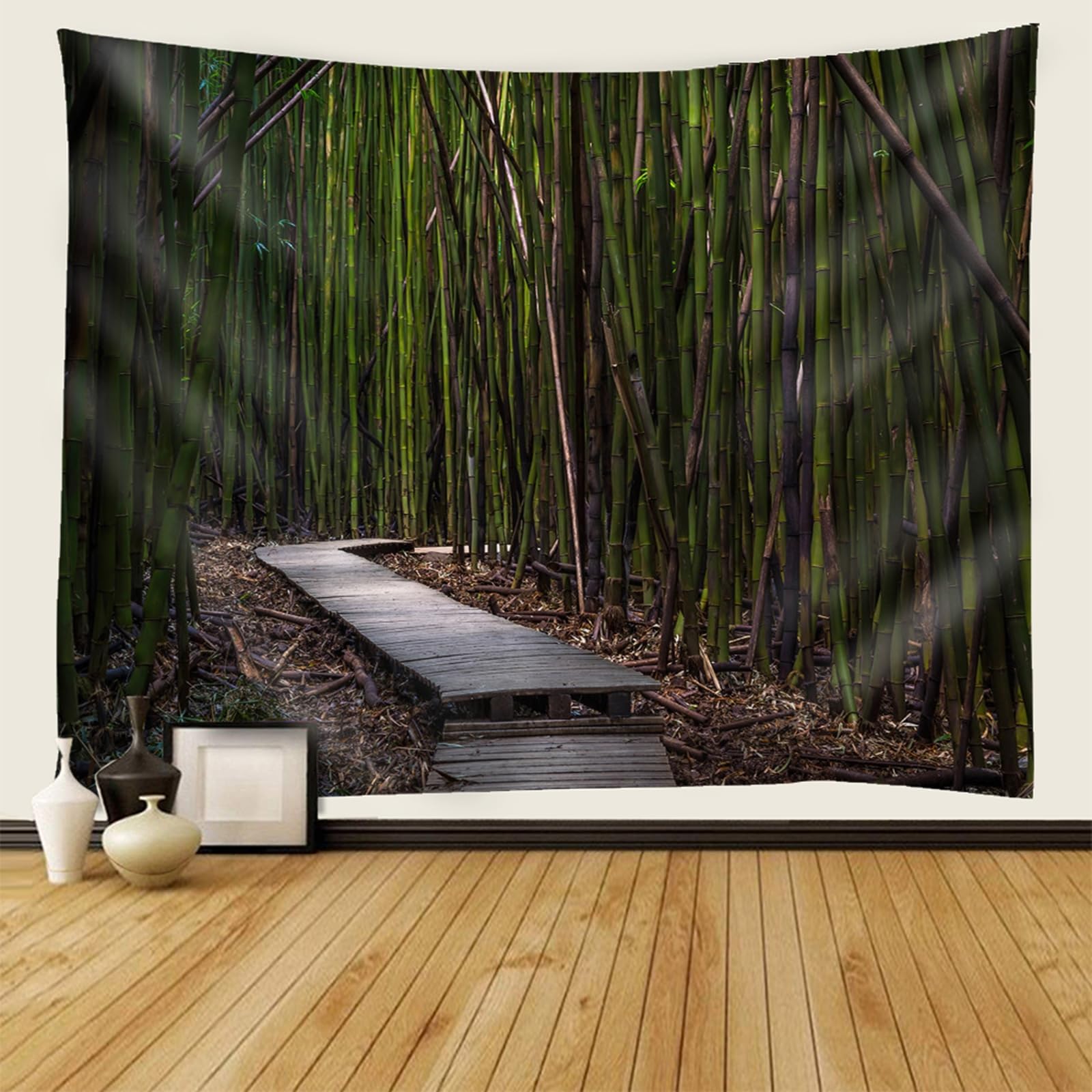 Gualiy Gobelin 300 x 256 cm, chusta ścienna, las bambusowy i ścieżka, dywan ścienny do salonu, sypialni, dekoracja ścienna, kolor zielono-brązowy