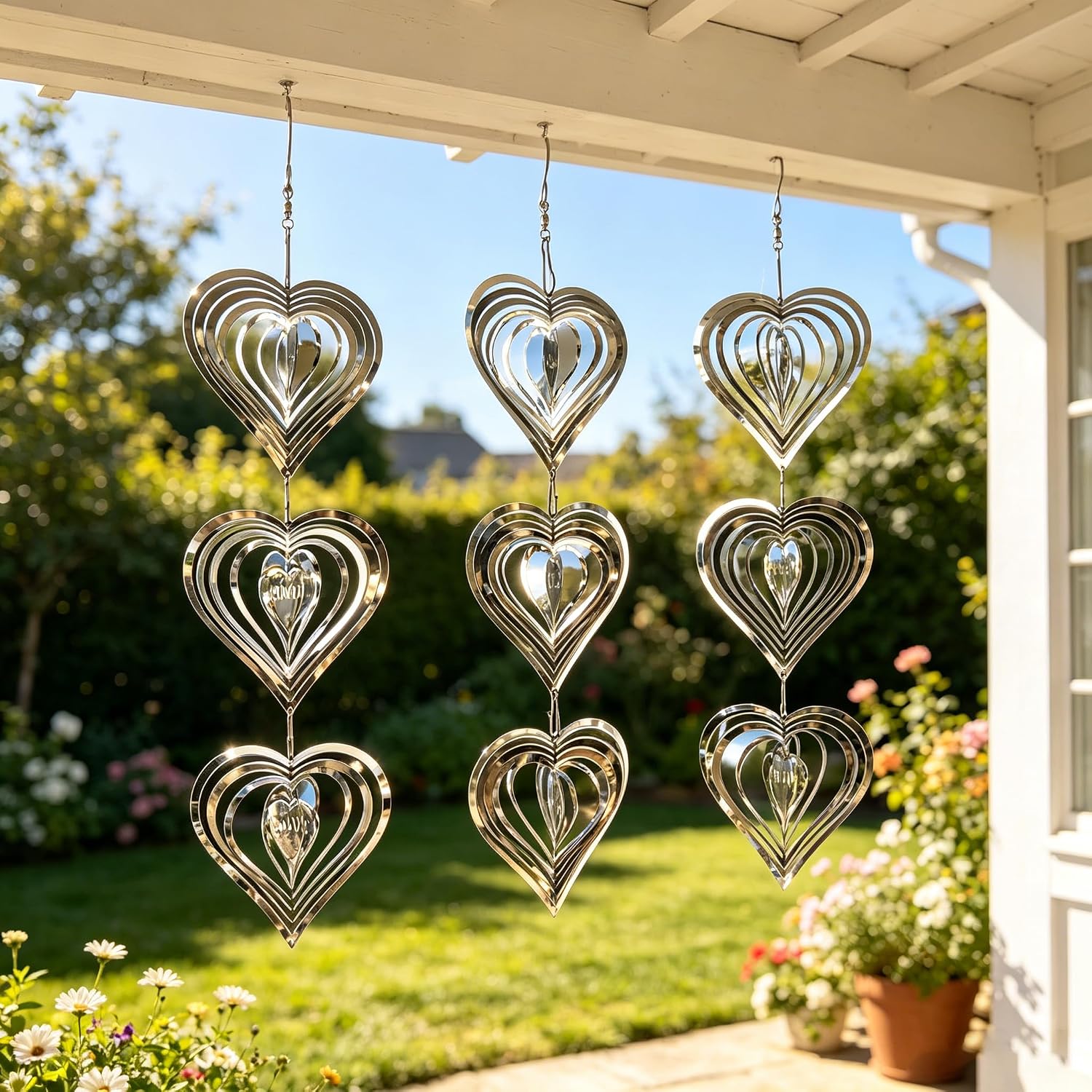 Shiny Metal Bird Reflectors Wind Spinners 360° Wind-Spinning Quiet Reflective Bird Deterrent Decor for Small Yard Orchard Bird-Prone Areas (Heart-Shaped/Silver / 9 Pcs / 3 Set)