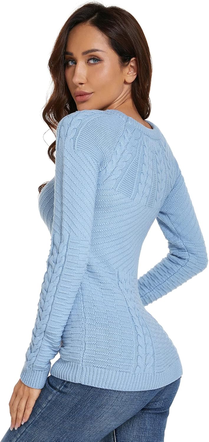 AmélieBoutik Women Cotton Blend Crewneck Long Sleeve Cable Knit Pullover Sweater - Image 3