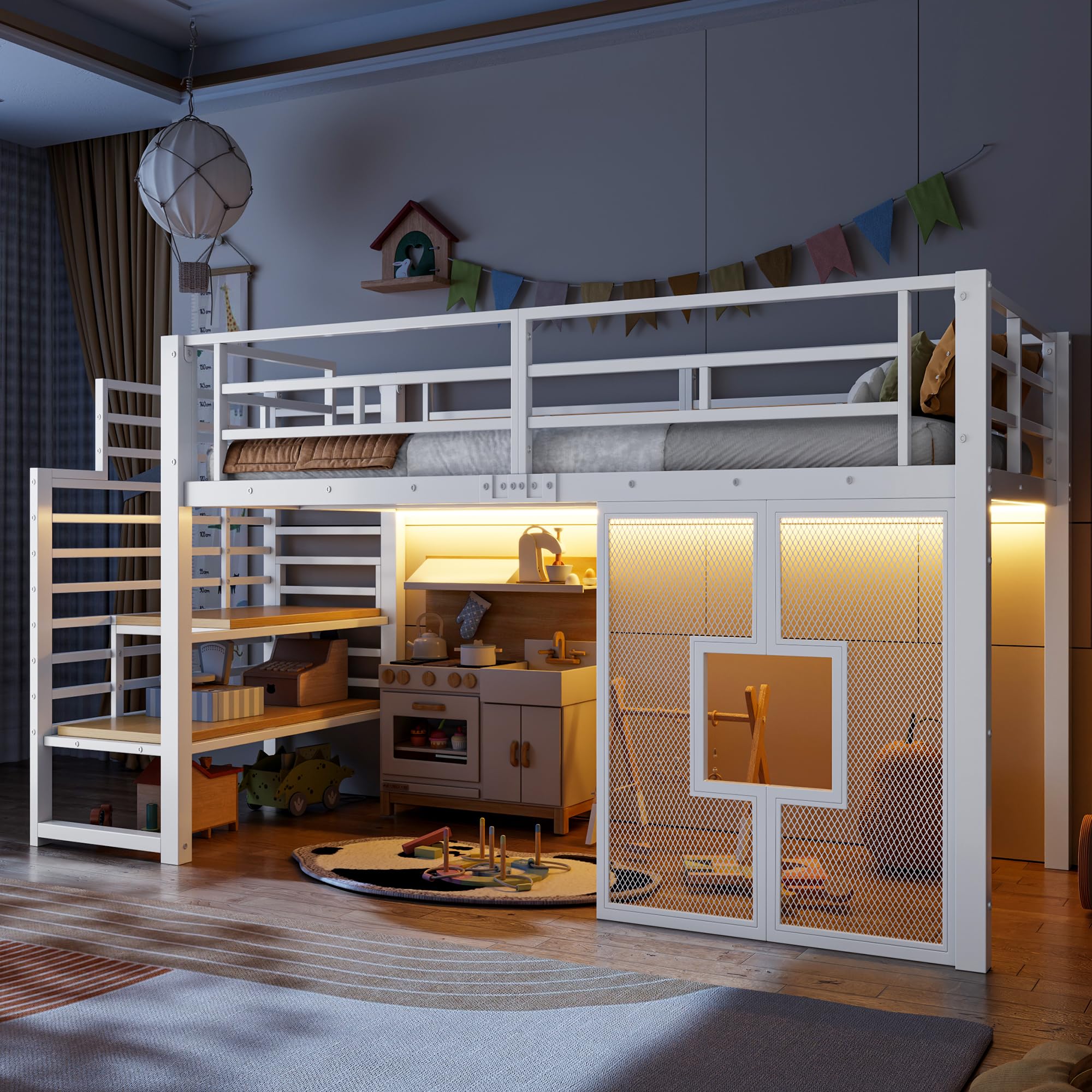 Cama alta de metal 90 x 200 con espacio inferior para crear un rincón de estudio o juego