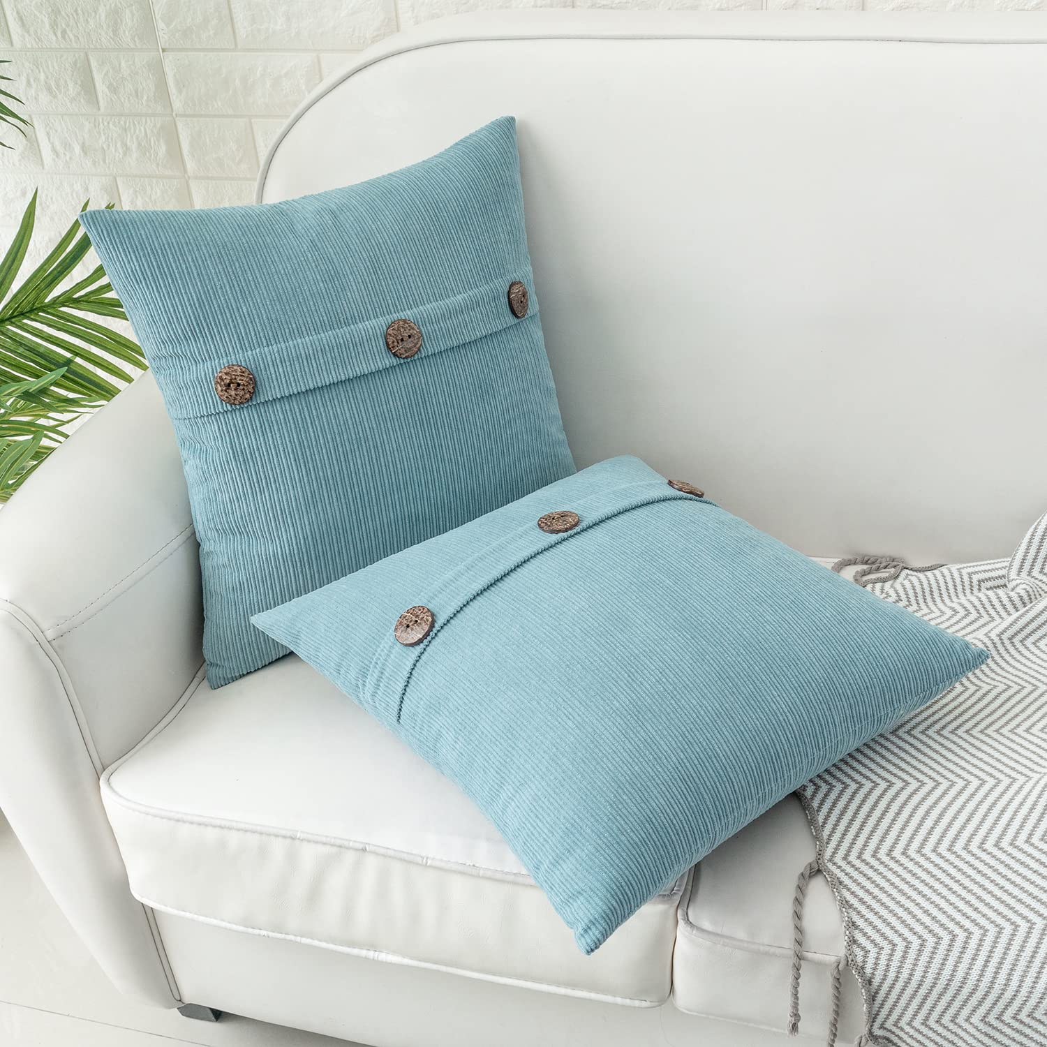 HWY 50 Light Blue Chenille Cushion Covers 45cm x 45cm (18"x18") with Triple Buttons, Set of 2 - Image 4