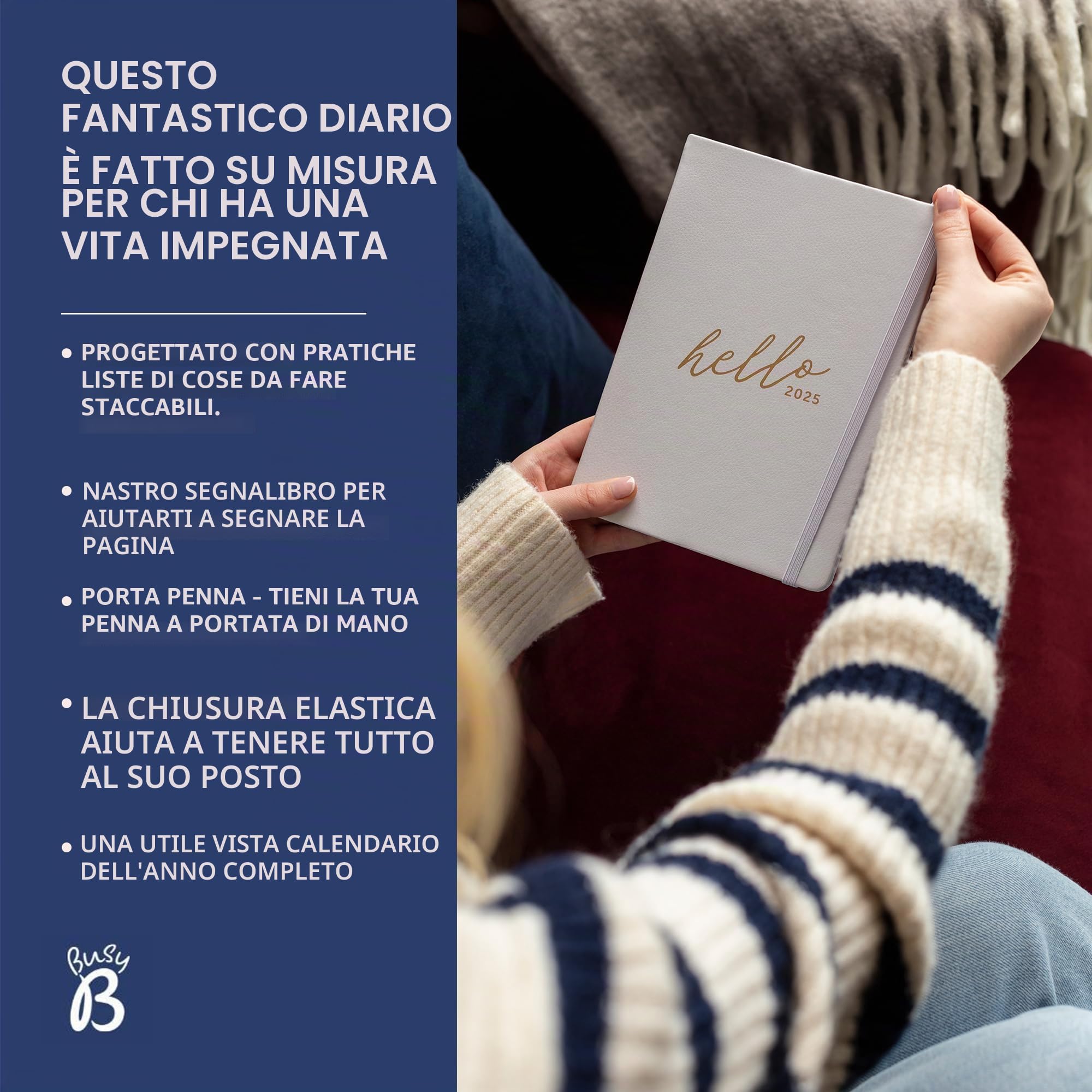 Busy B Family A5 Agenda 2025 - Agenda settimanale con 5 orari, copertina in ecopelle viola e lamina d'oro - Include agenda dell'anno, compleanni, note da strappare e nastro segnapagina