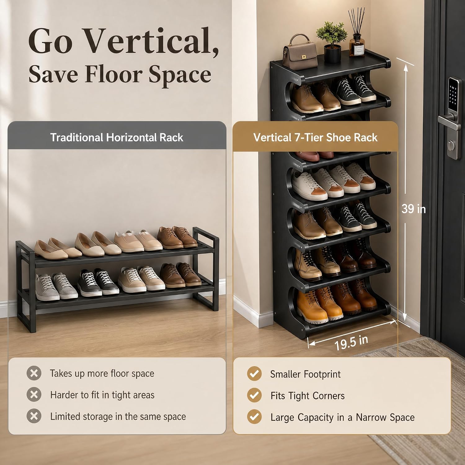 39" Bamboo Shoe Rack - Vertical Shoe Organizer Rack for Small Space, Narrow Shoe Tower for Closet, Entryway, Corner, Tall Shoe Shelf with Removable Shelves, Flexible Storage Shelf for Saving Space thumbnail