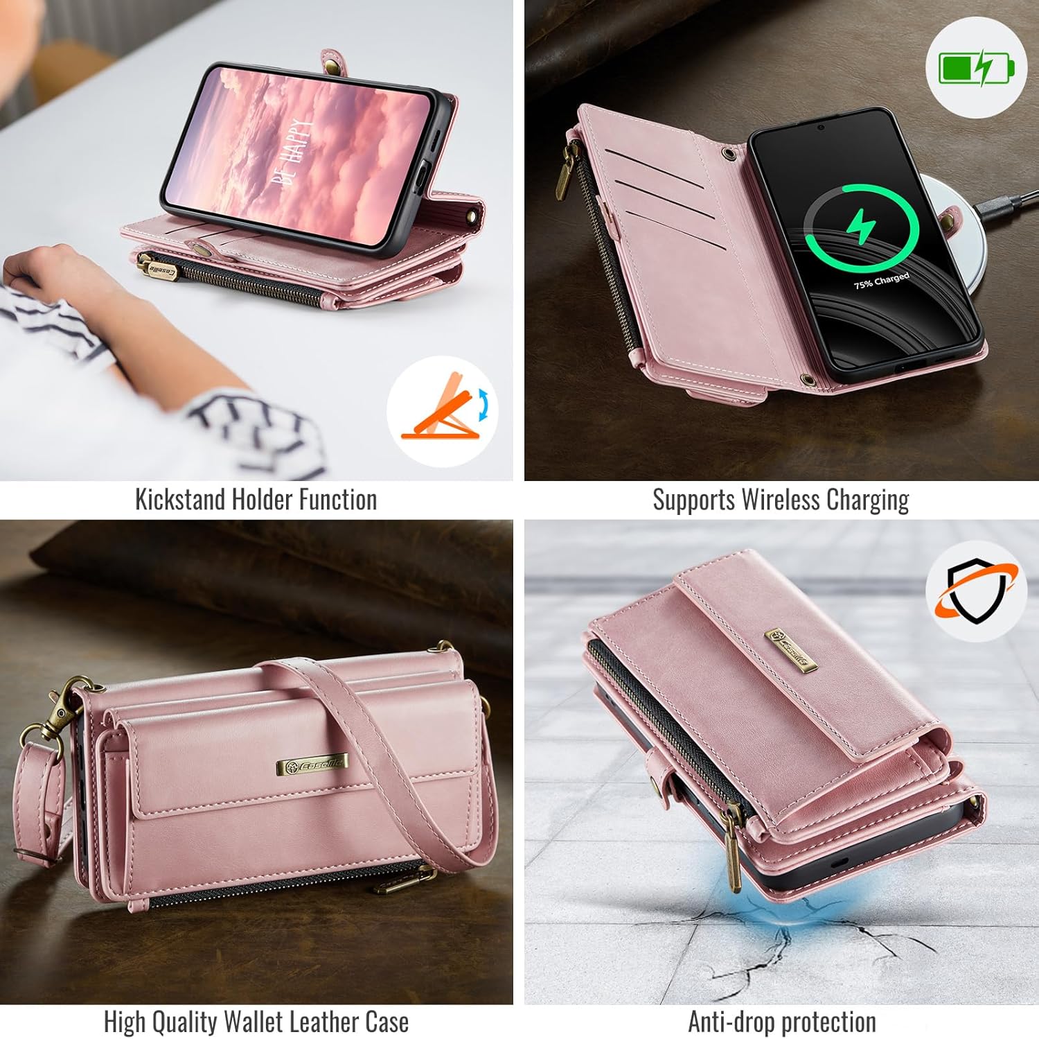 Wallet Case Compatible with Samsung Galaxy S25 Plus with RFID Blocking Card Holder Wrist Strap Shoulder Strap, PU Leather Magnetic Snap Zipper Flip Phone Case Fit for Galaxy S25 Plus (Pink)