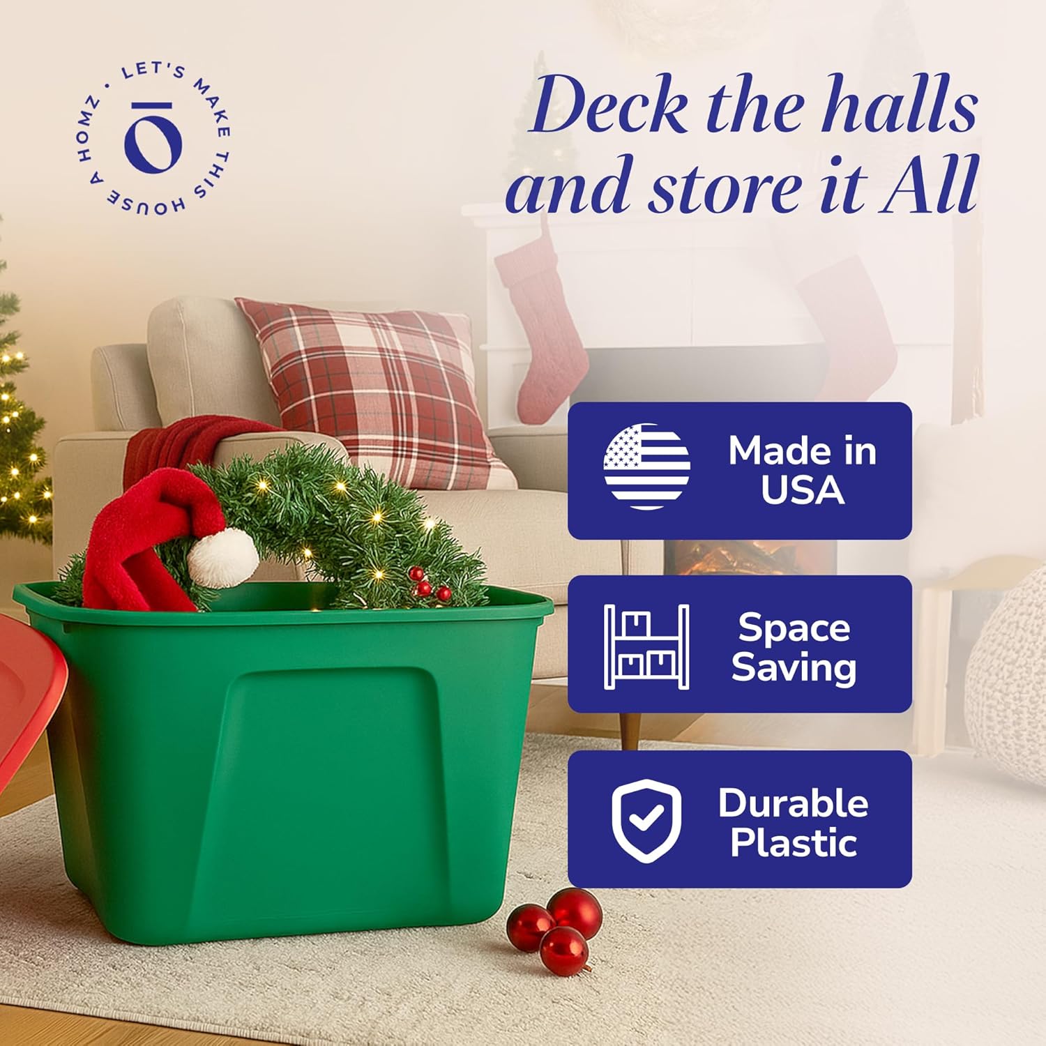 HOMZ 4-Pack Molded Bin, Holiday Storage Containers w/ Lids, 18 Gal, Green/Red Stackable Plastic Totes for Christmas Decorations, Gift Wraps, Crafts