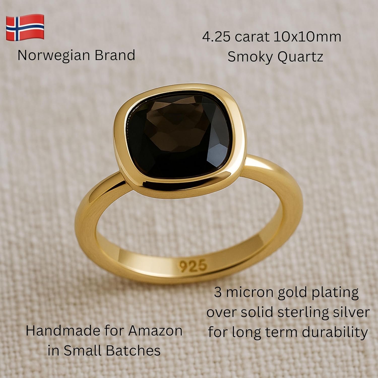 Smoky Quartz Cushion Cut Ring 10x10mm – 925 Solid Sterling Silver with 3 Micron Gold Plating – Natural Authentic Gemstone, Scandinavian Handmade Fine Jewelry for Women