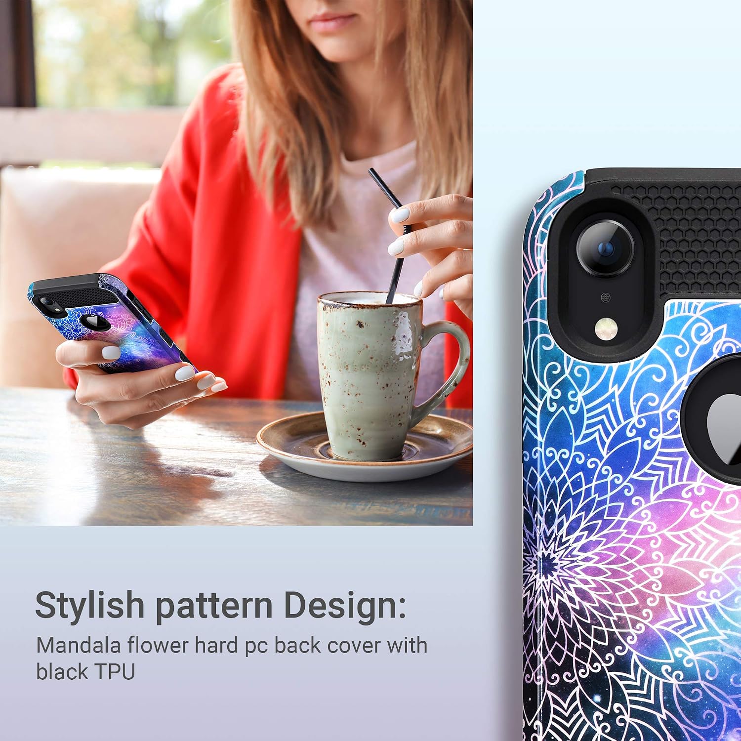 ULAK iPhone XR Case, Slim Fit Hybrid Hard PC Shell Flexible Shock Absorbing TPU Skin Protective Grip Cover for Apple iPhone XR 6.1 Inch, Mandala Flower