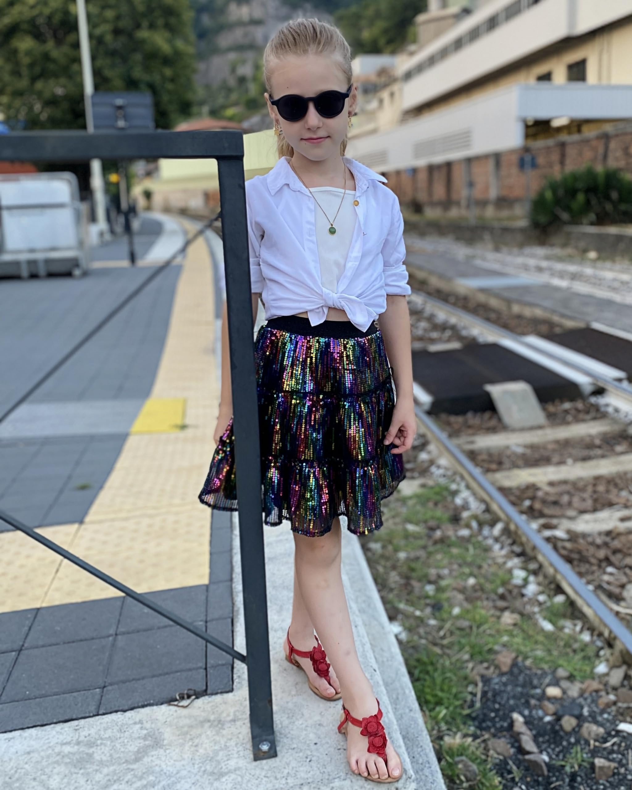 Rolanko Gonna con Paillettes Scintillanti per Ragazze, Vita Elastica Abito Estivo Pieghettato in Tulle Fluente con Balze per Festa di Danza