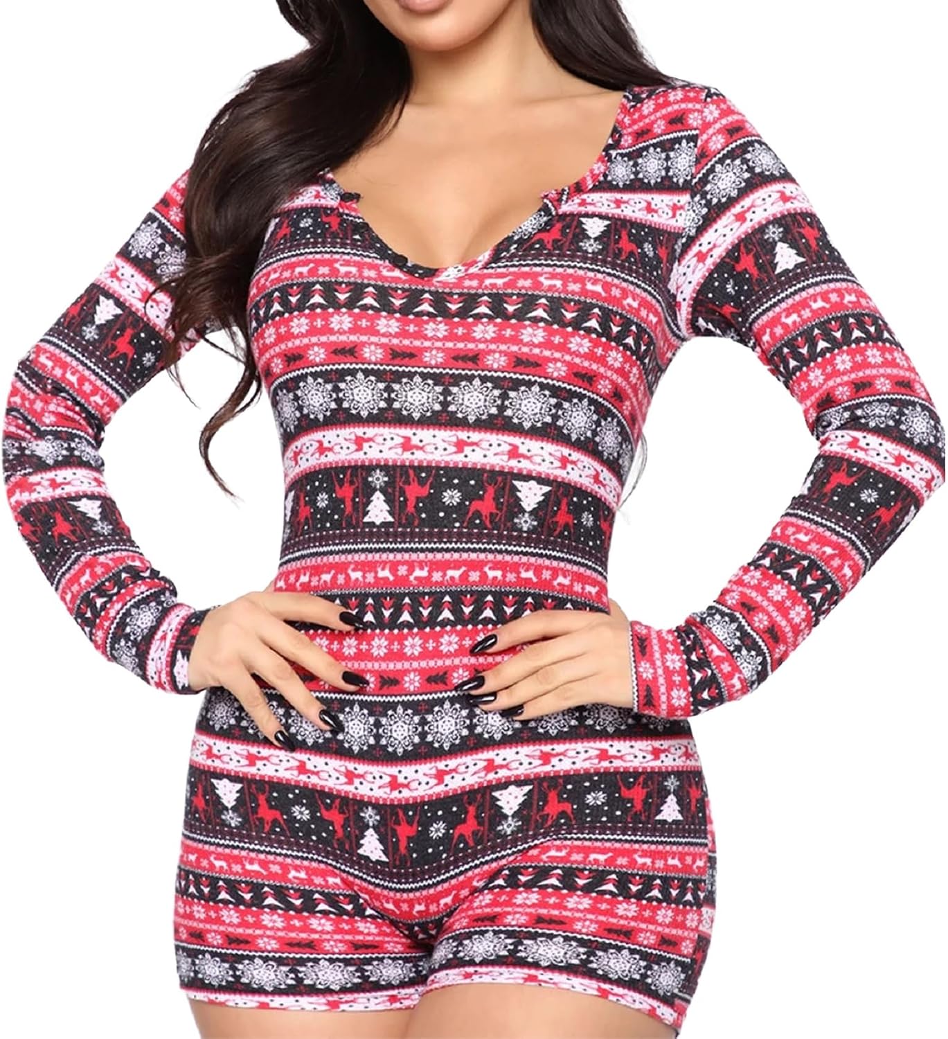 NUFIWI Womens Christmas Romper Bodycon One Piece Pajamas Long Sleeve Graphic Jumpsuit Shorts Xmas Sexy Bodysuit Pjs