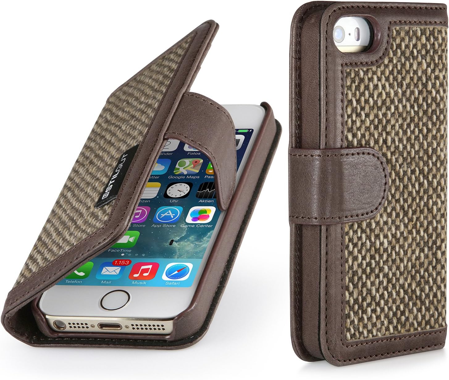 StilGut "Talis Wallet, Book Type Genuine Leather & Donegal Tweed Case for Apple iPhone SE & iPhone 5s & iPhone 5, Coffee Brown