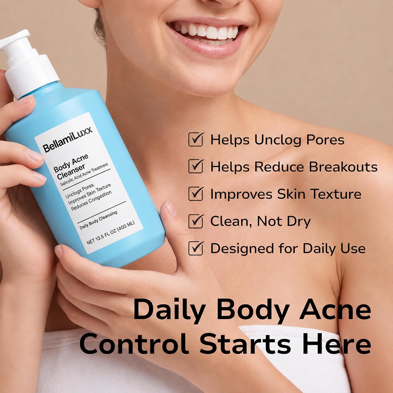 BellamiLuxx Salicylic Acid Body Acne Wash Treatment Soap: 2% Salicylic Acid Body Wash for Acne on Back, Chest & Butt – Helps Unclog Pores, Improve Skin Texture & Support Daily Acne-Prone Skin Care image 5