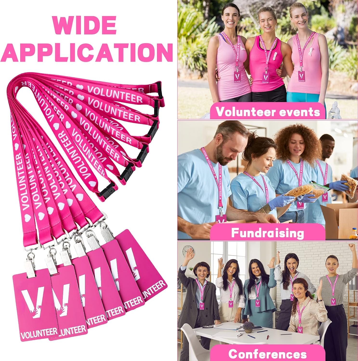 Colarr 25 Pack Volunteer Lanyard with PVC Plastic Card Pass Volunteer Identification ID Badges Bulk Breakaway Lanyard for Activity, Fundraising, Church, School, Events(Pink)