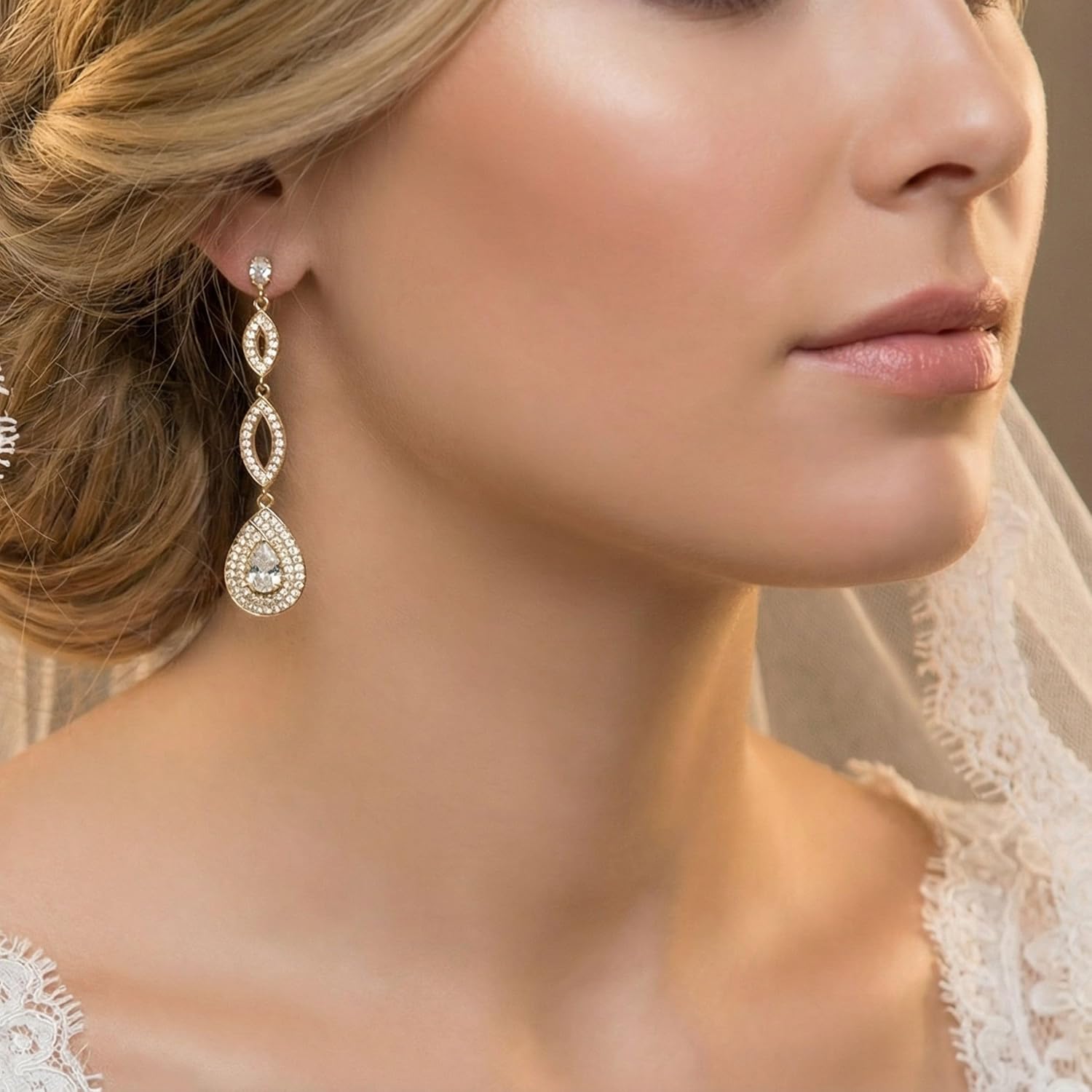 Mariell Gold Wedding Earrings, Cubic Zirconia Dangle Earrings for Bride, Bridesmaids, Gold Bridal Earring