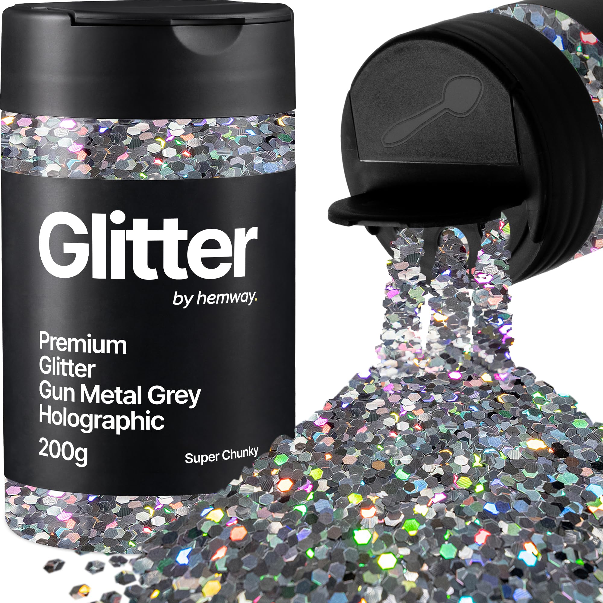 Hemway Gun Metal Grey Holographic Glitter Shaker, 200g Super Chunky Glitter for Crafts Metallic Flake Sequins for Resin & Epoxy Crafts for Decorating, Halloween, Christmas, Nail, Face, Art