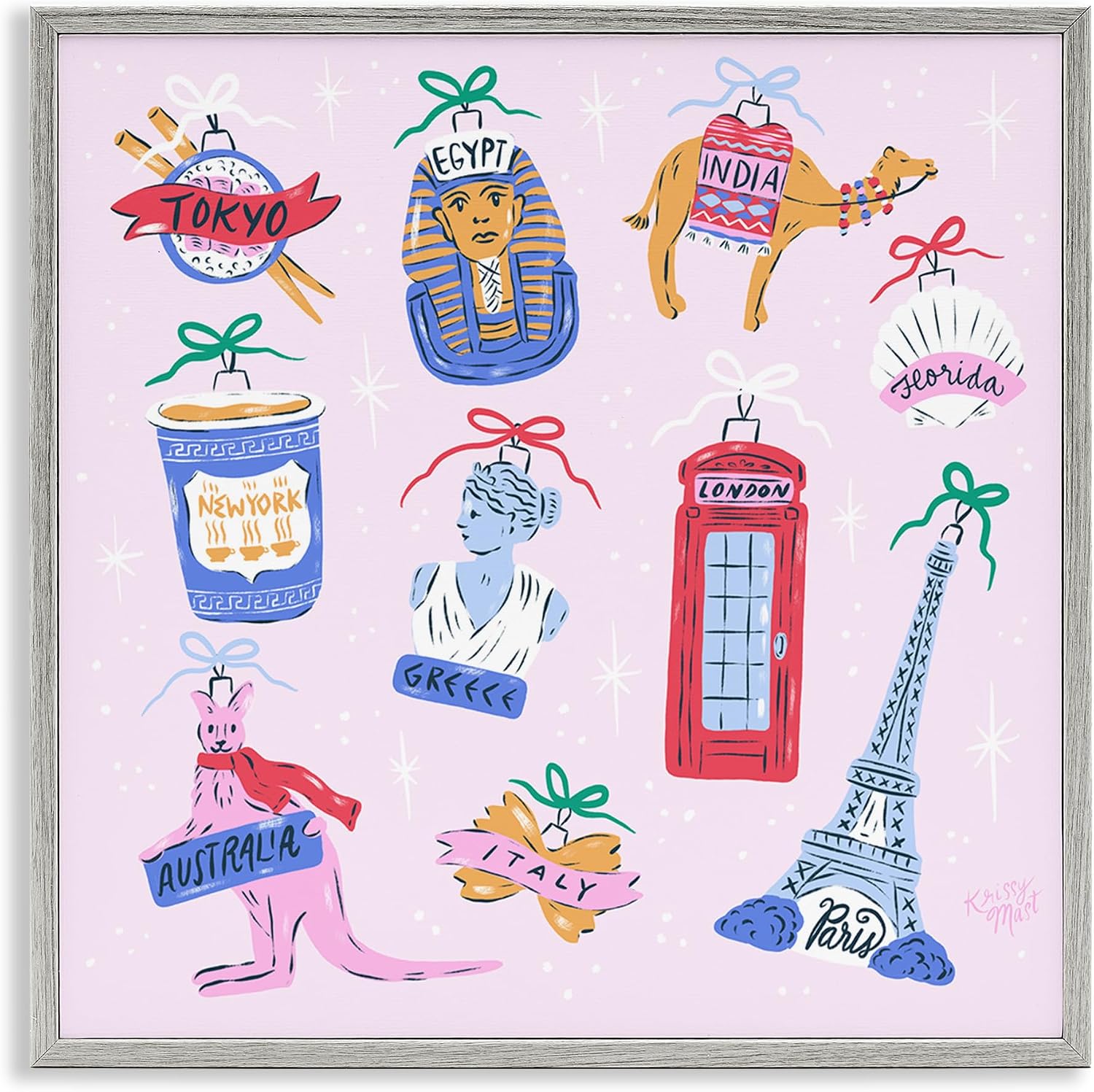 Global Travel Ornaments Cityscape, 17 x 17 Inch Framed Giclée Print