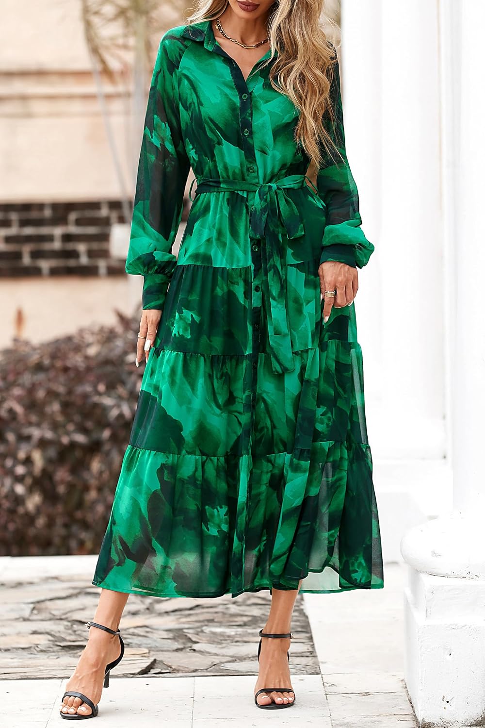 PRETTYGARDEN Womens Spring Dress 2026 Casual Long Sleeve Button Down Belted Boho Floral Flowy Maxi Wedding Guest Dresses - Image 3