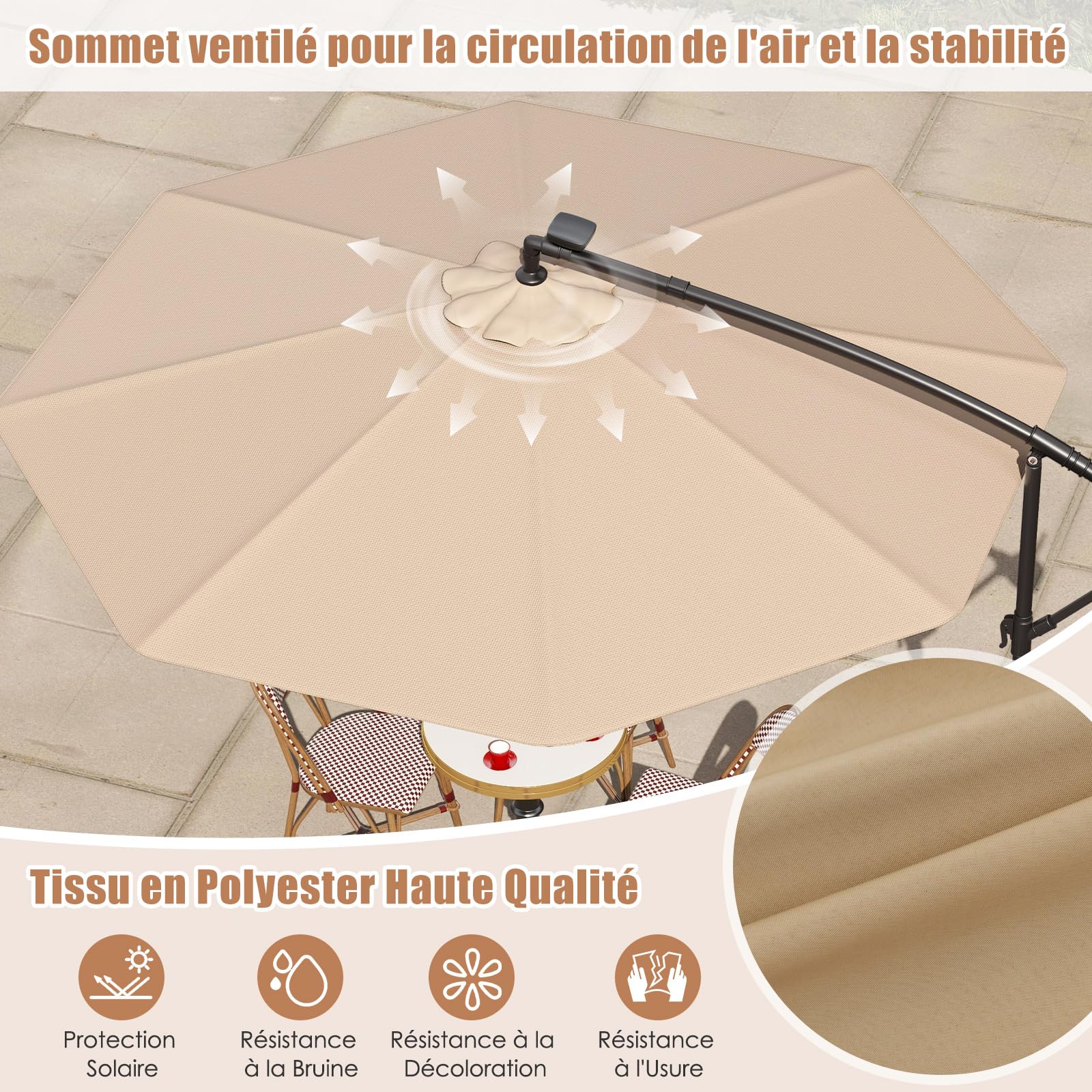 GOPLUS Parasol Déporté 3x3M, Grand Parasol de Jardin Extérieur avec 32 LED Solaires, 8 Baleines, Protection Solaire, Toile Inclinable, Rotatif à 360° pour Balon Patio Terrasse