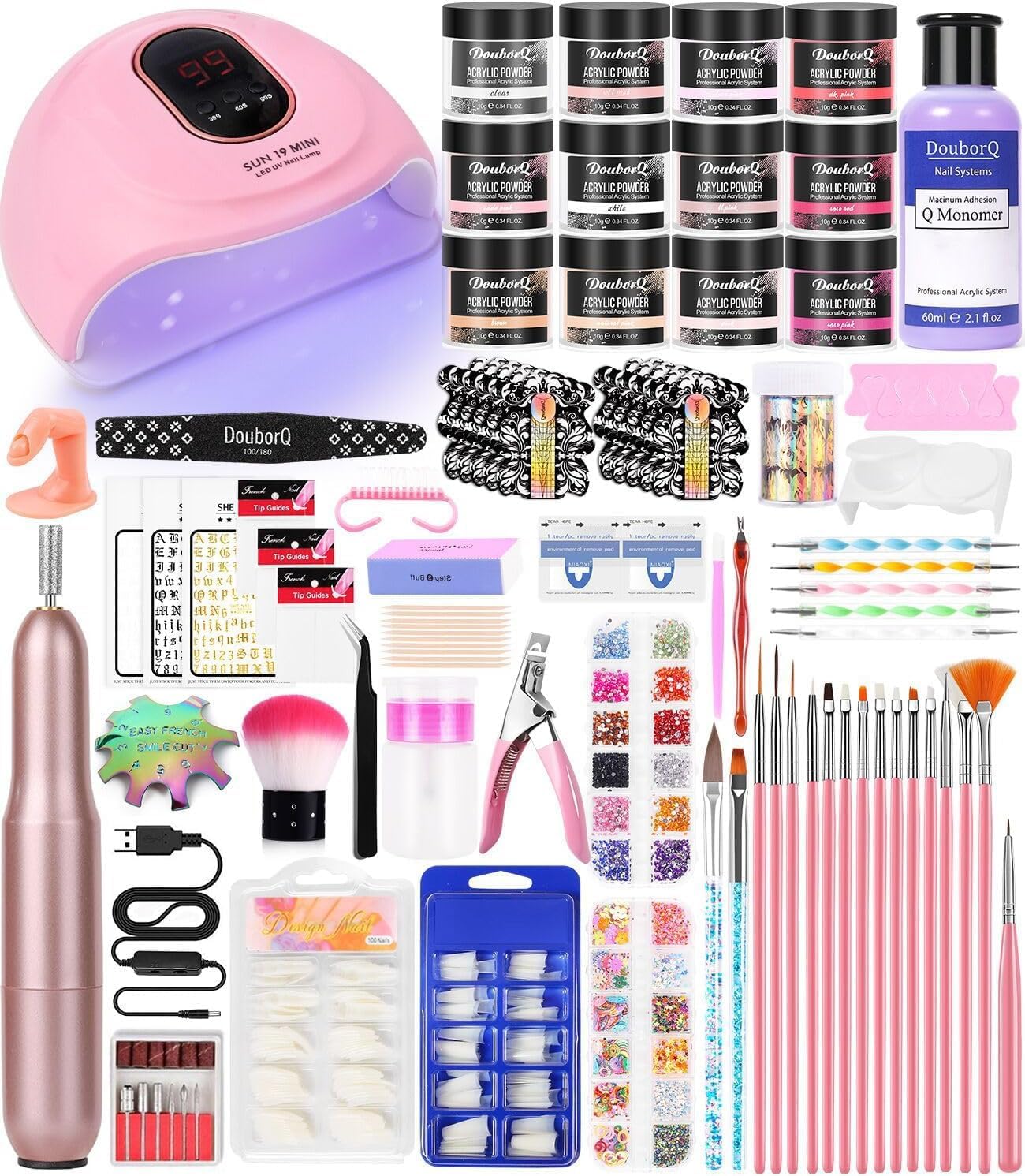 DouborQ Acrylic Nail Art Kit-Nail Art Manicure Set Acrylic Powder Brush Glitter File French Tips U V Lamp Nail Art Decoration Tools Nail Drill kit for beginners with everything at home