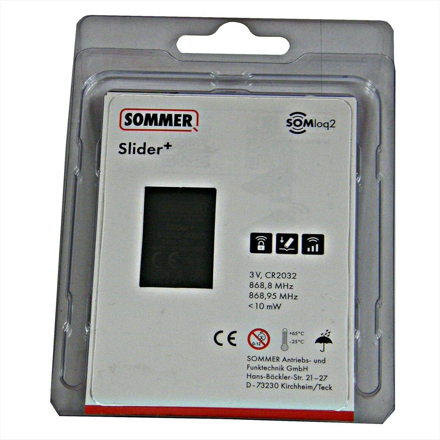 Packaging of the SOMMER Slider+ showing technical specifications like frequency and battery type.