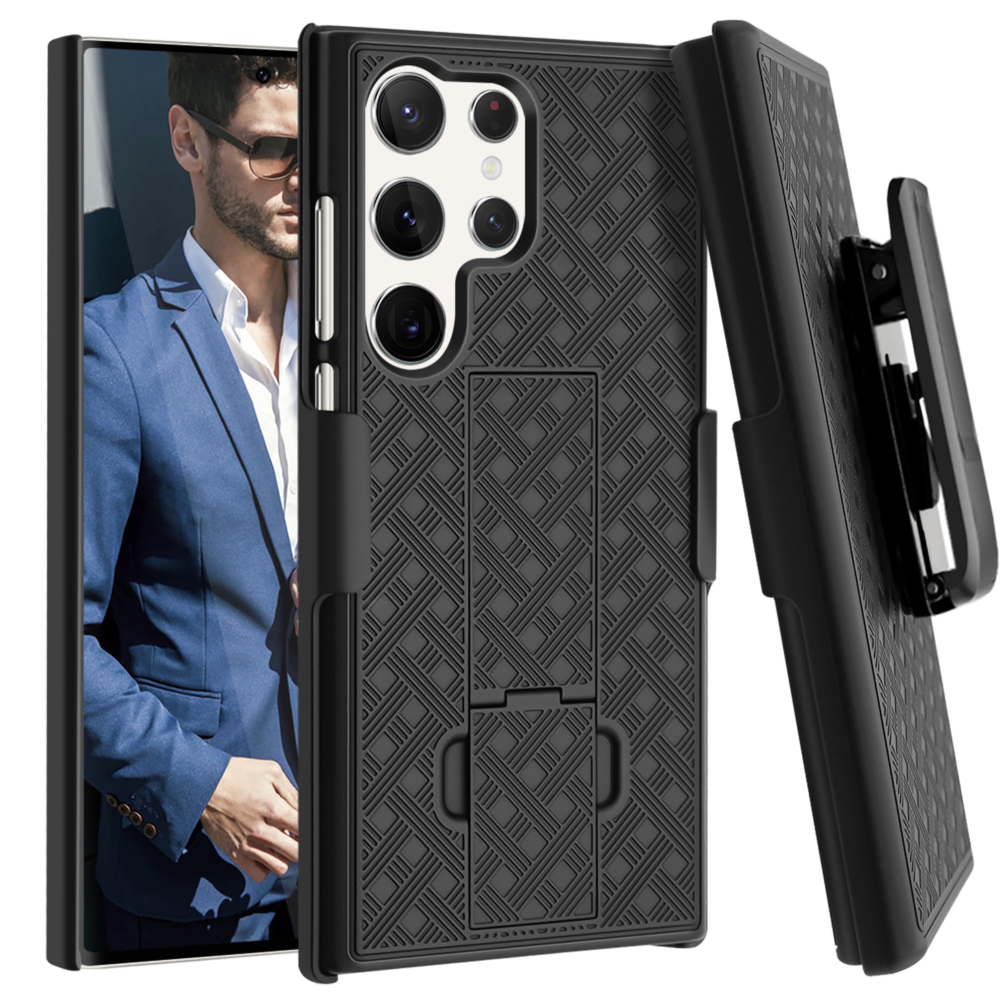 Fingic for Samsung Galaxy S24 Ultra Case with Belt Clip Holster Case Slim Combo Shell with Kickstand Swivel Holster Rugged Shockproof Antiscratch