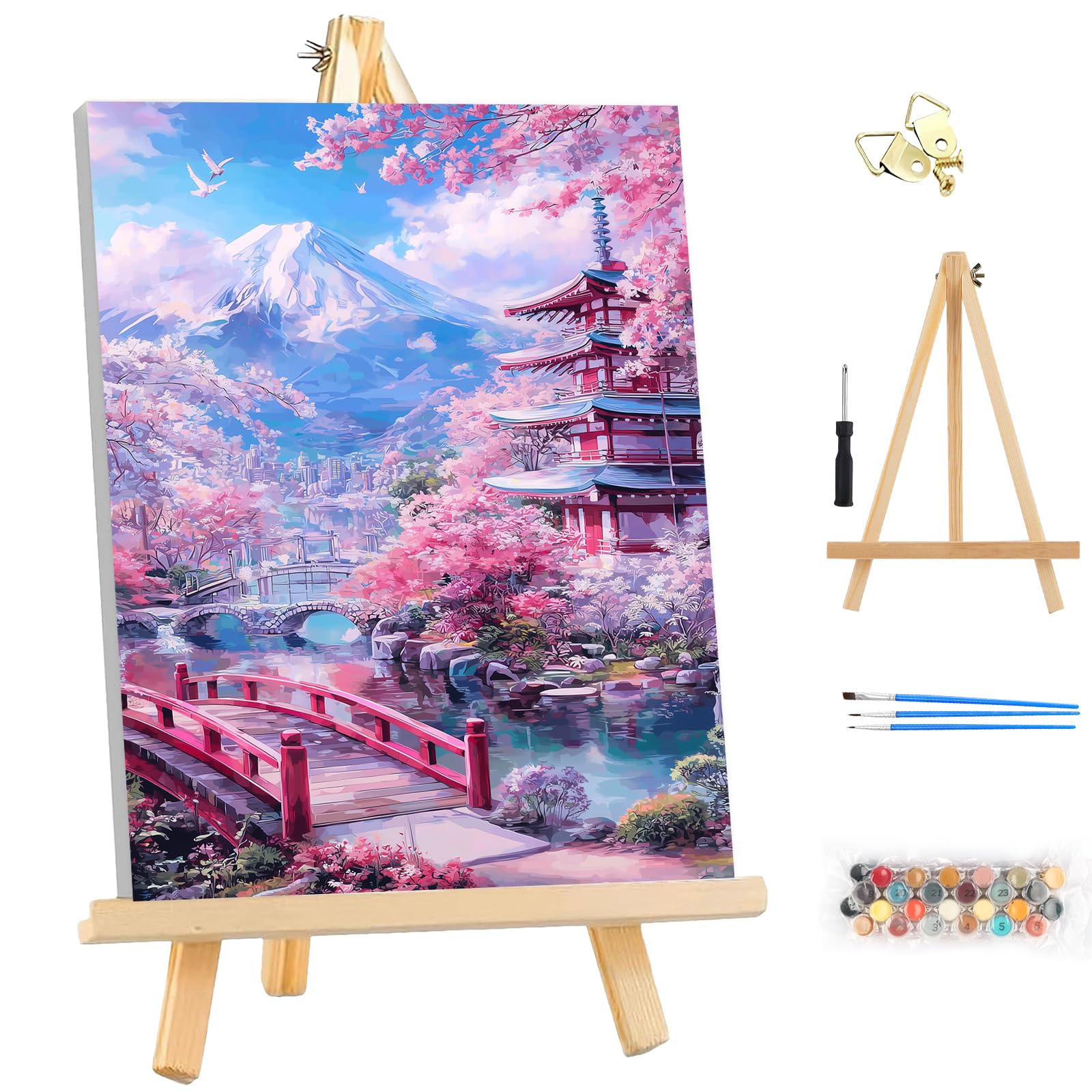 MEIYUDA DIY Paint by Numbers for Adults with Frame & Wooden Easel, Japanese Landscape Paint by Numbers Kits, Arts and Crafts for Beginner, Drawing Paintwork Wall Art 25x35cm