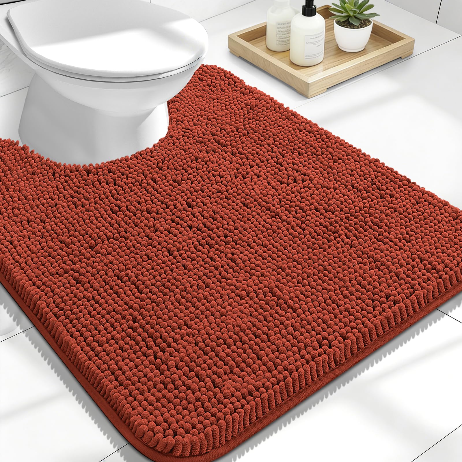 OLANLY Toilet Rugs U-Shaped 24x20, Soft Absorbent Chenille Contour Rugs | Rustic Terracotta, Quick-Drying Rubber Backing, Washable Non-Slip Shaggy Bathroom Mat for Toilet, Home Decor Accessories