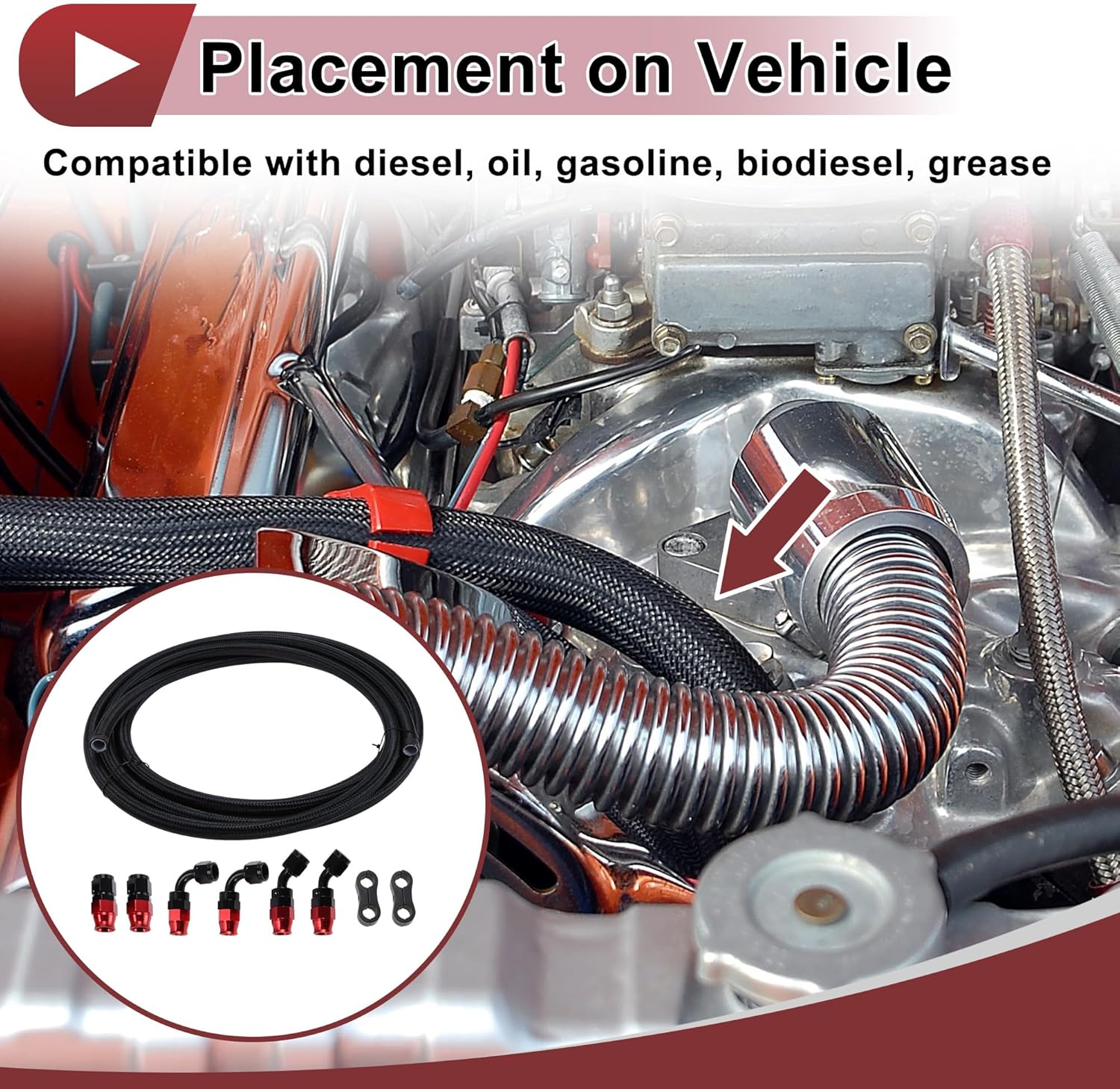 AN8 Fuel Line Kit 20.01ft Vacuum Hose Automotive Fuel Hose with Adapter Pipe Clamp 1 Set