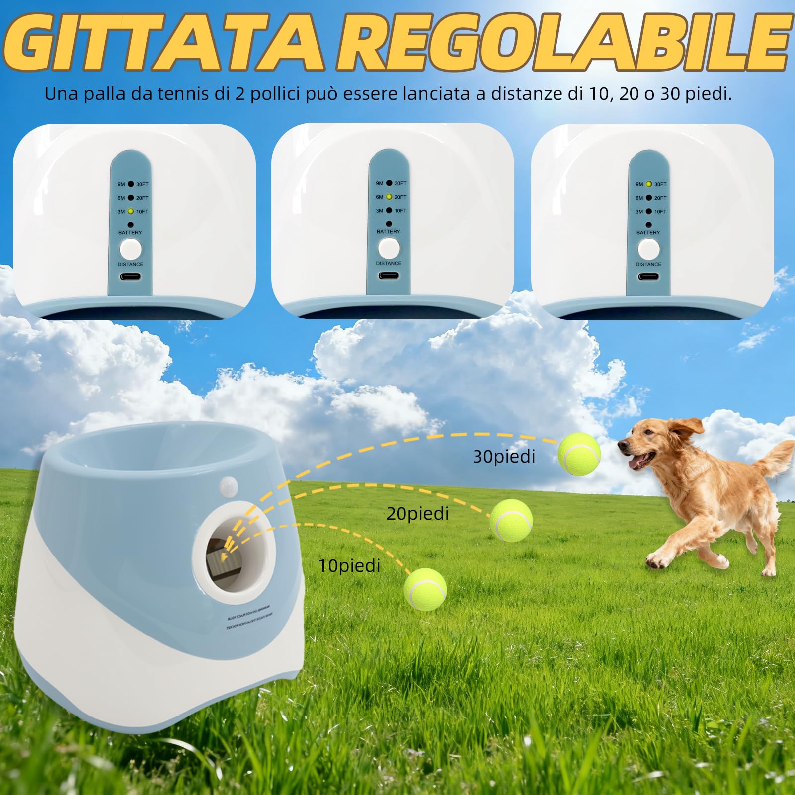 Gettatrice per cani con 6 palline da tennis, giocattolo elettrico interattivo per cani di piccola taglia, per interni ed esterni
