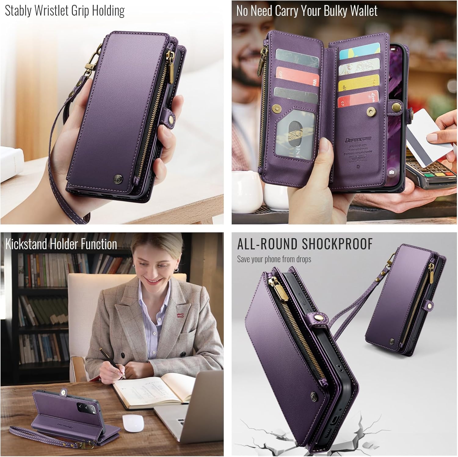 Defencase Compatible with Samsung Galaxy S20 FE 5G Case Wallet with RFID Blocking Card Holder for Women Men, PU Leather Magnetic Snap Flip Zipper Strap Wallet Phone Case Fit for Galaxy S20 FE, Purple