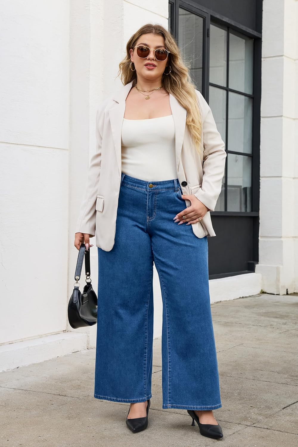 OUGES Womens Adjustable Waistband Cotton Blend Stretchy Maternity Jeans Loose Fit Straight Leg Denim Wide Leg Work Pants - Image 5