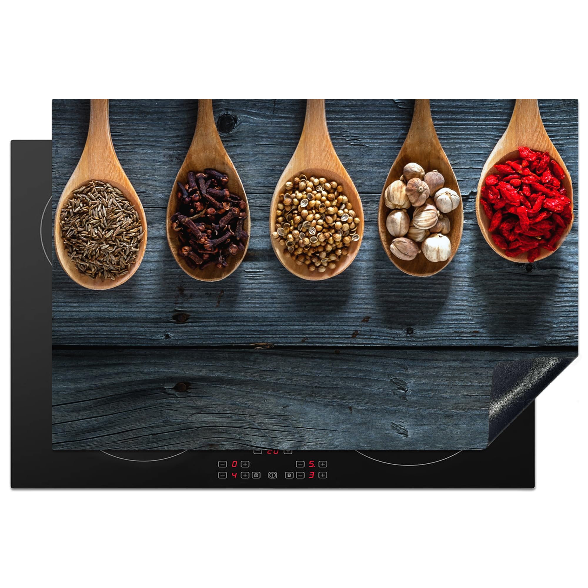 KitchenYeah© Induction Hob Protector Mat 20.3"x29.9" / 76x51.5 cm Stove Cap Top Cover Kitchen Cooker Covers for Electric Hobs Vinyl Herbs - Spoons - Wood - Kitchen - Spices - Industrial