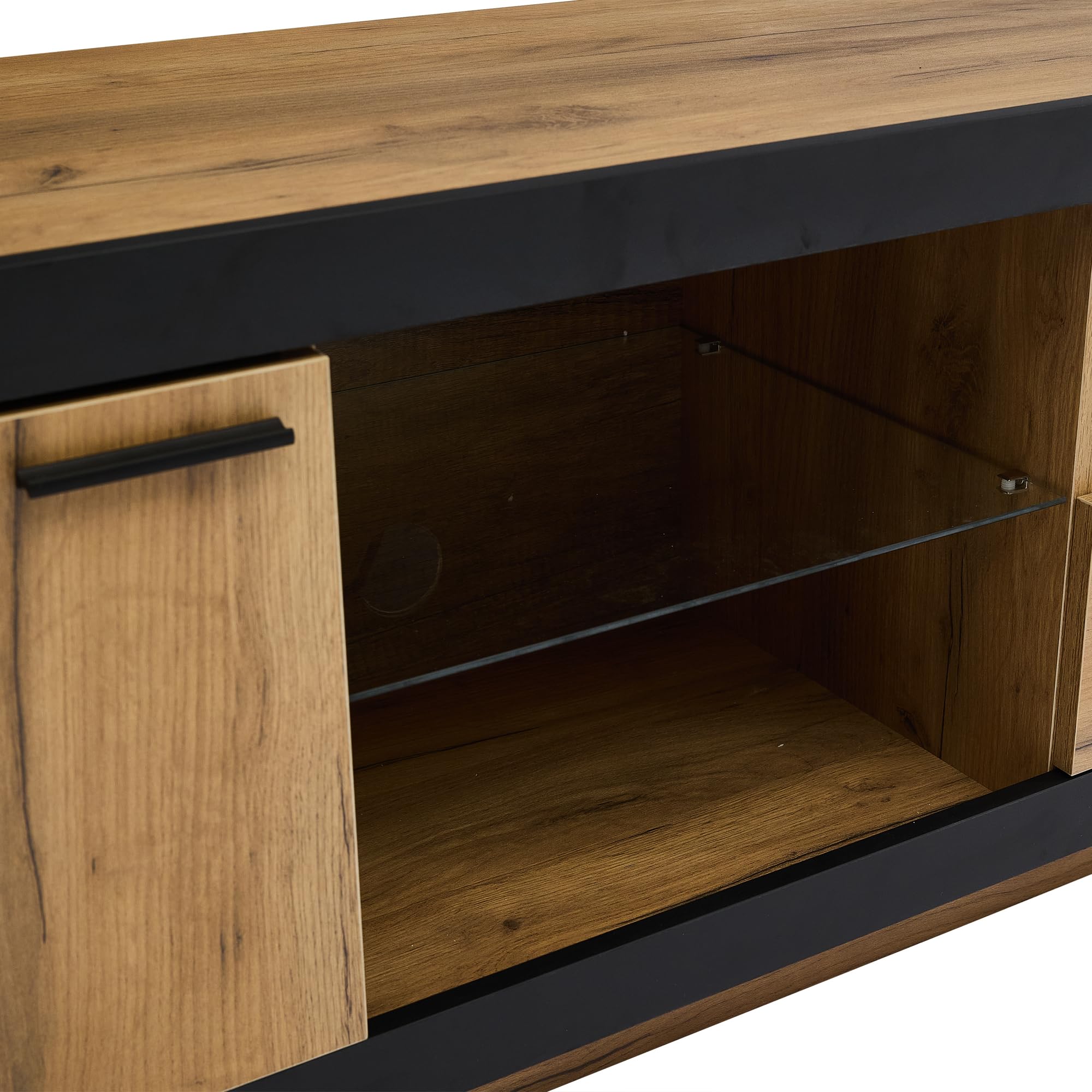 Commode TV avec éclairage LED Portes tiroirs étagères Ouvertes lowboard pour téléviseurs Jusqu’à 70 Pouces Meuble TV pour Salon Chambre à Coucher Meuble TV Table TV Noir + chêne