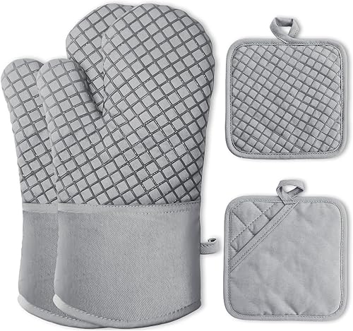 Miniatura 8 de 4 Piezas Guantes de Horno y Soportes para Ollas, Guantes de Horno de Cocina Resistentes al Calor de 500 °F con Soportes para Ollas, Guantes Largos