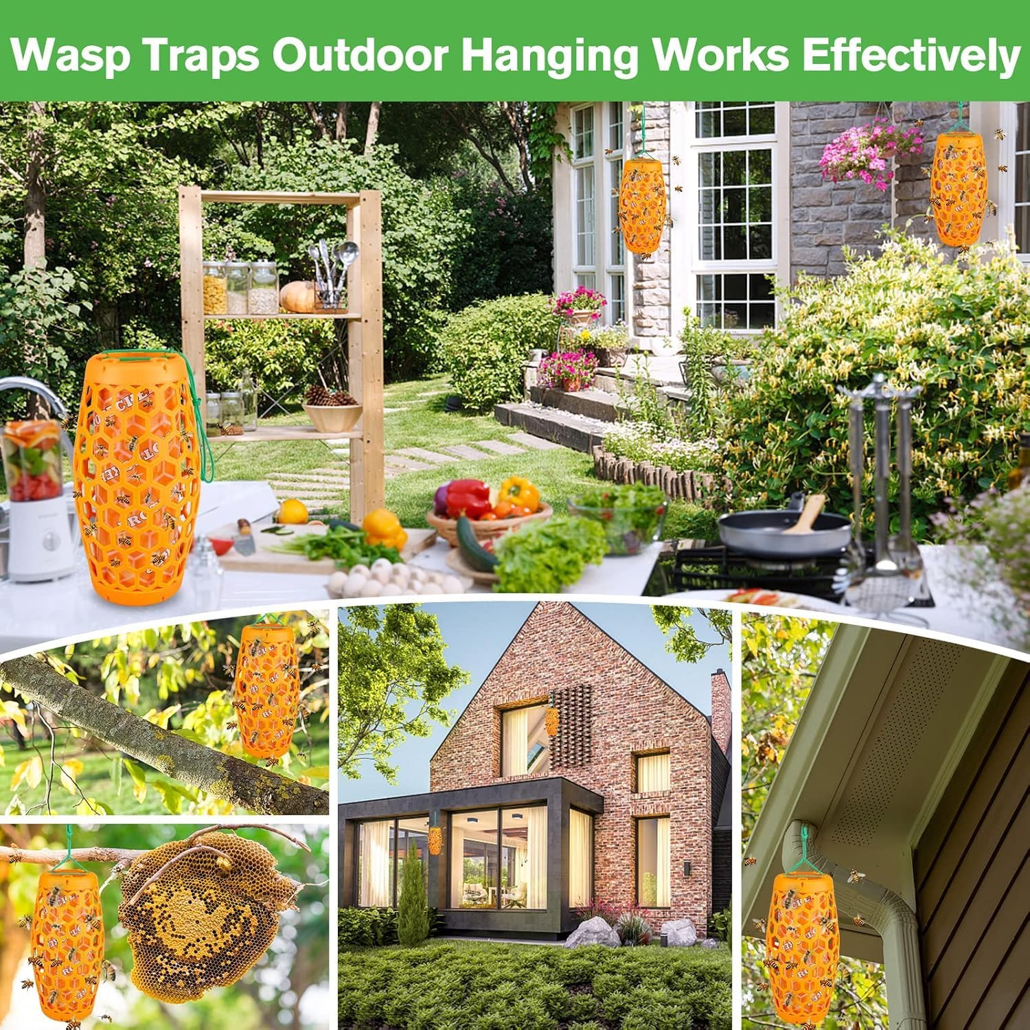 Wasp Trap Bee Catcher - Outdoor Hanging Carpenter Bee Traps with 4 Sticky Boards, Non-Toxic Reusable Hornet & Yellow Jacket Trap, 2 Pack (Orange)