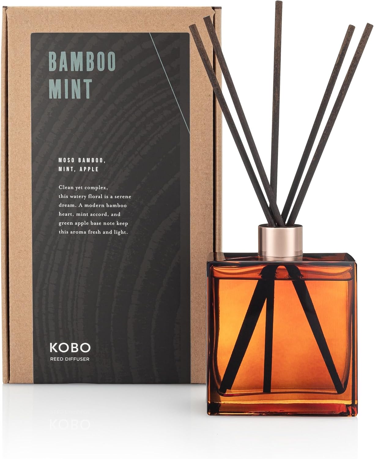 KOBO Bamboo Mint Reed Diffuser, 9 oz | Premium Fragrance Diffuser Oils | 6-Month Long Lasting Room Diffuser for Home, Office | Natural Aromatherapy Scented Oil for Home | 11” Reed Sticks, Glass
