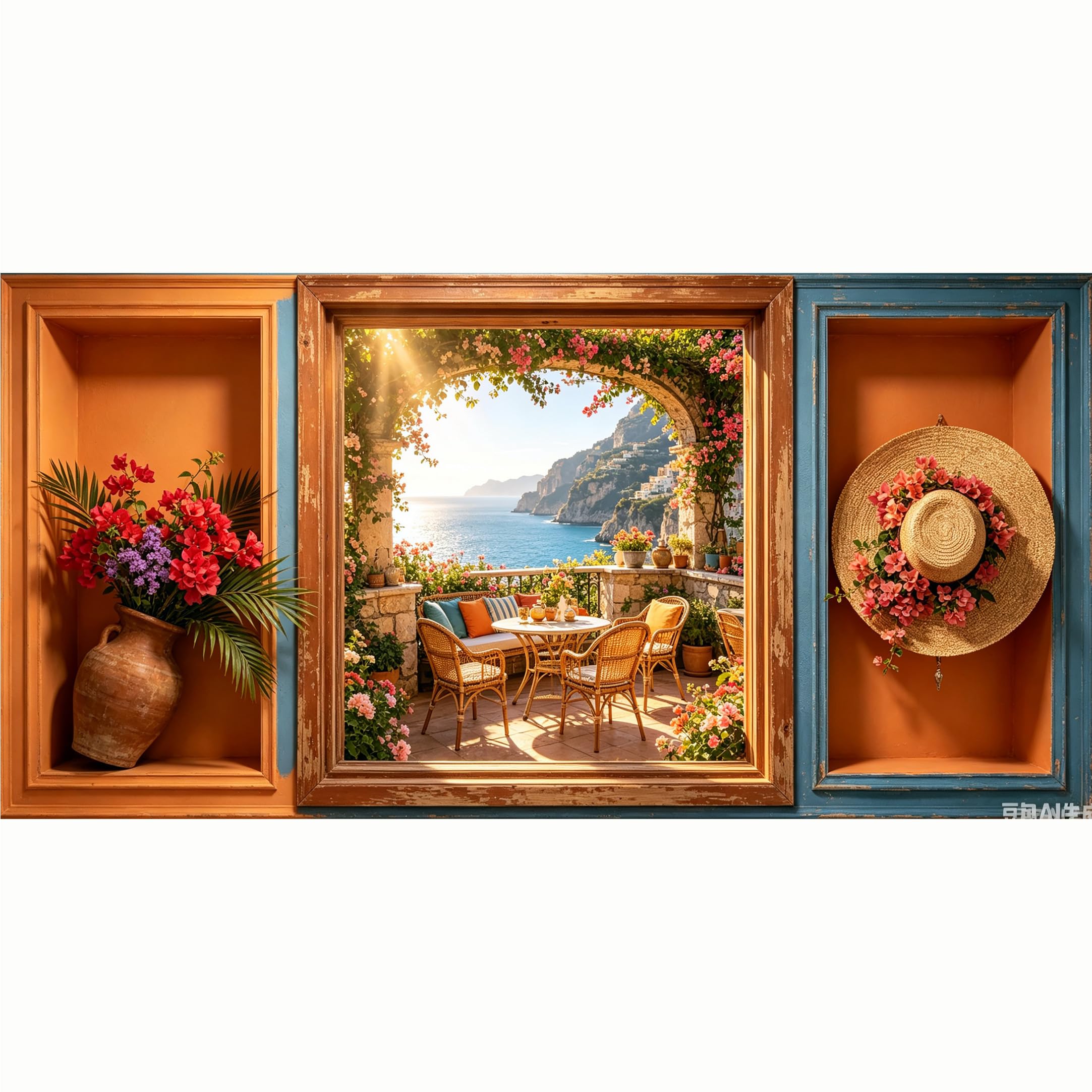 QZLITHOTIC 50x100cm 3D Framed Wall Art， Mediterranean Coastal Landscape Bougainvillea Flower Self‑Adhesive Mural， Water‑Activated Peel & Stick Fabric Decor Wall Decal for Bedroom Living Room