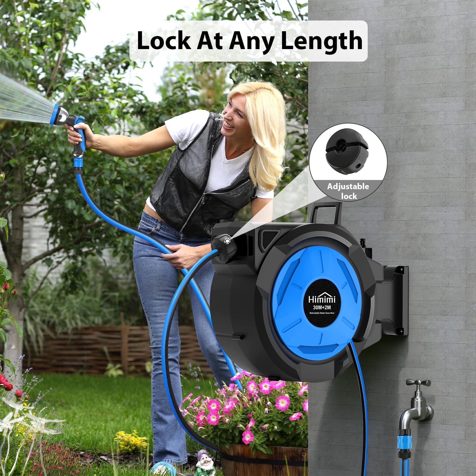 Avvolgitubo retrattile da giardino, 30 m + 2 m, avvolgitubo da parete, riavvolgimento automatico lento con blocco a qualsiasi lunghezza, girevole a 180°, resistente, a 3 strati, resistente alle