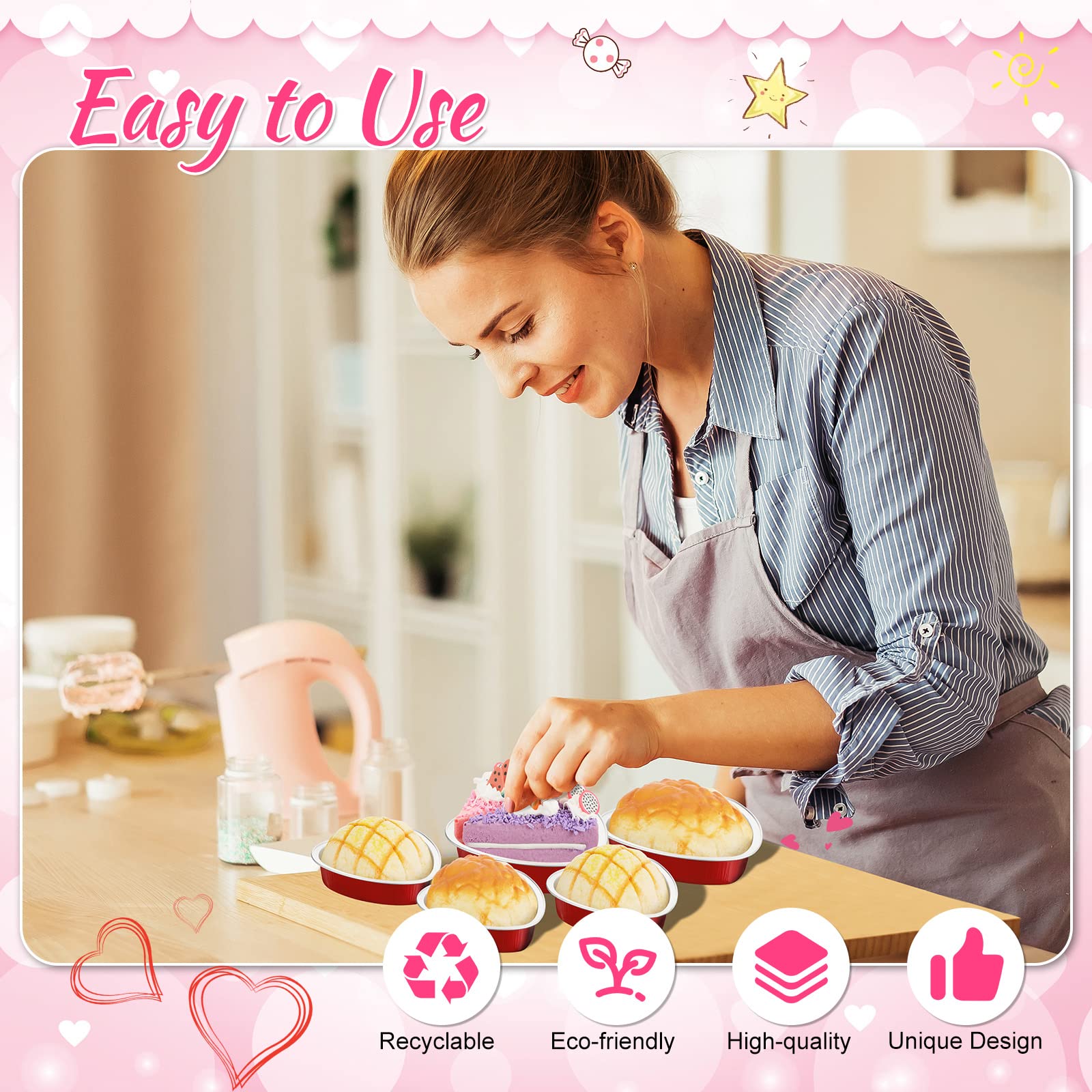 FillTouch 100 moldes para tartas con forma de corazón para el día de San Valentín, 3.4 onzas, 9 onzas, mini moldes para hornear con tapas, mini moldes para tartas de corazón, mini moldes para hornear