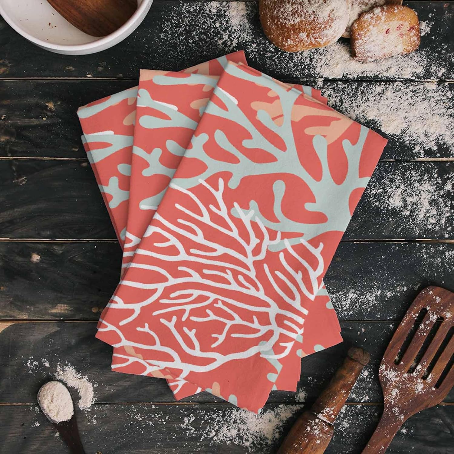 Kitchen Towel Tea Towels, Summer Watercolor Ocean Coral Dish Towels Absorbent Quick Drying Hand Towel Dish Cloths 2 Pack, Marine Life on Tangerine Soft Microfiber Dishcloth with Hanging Loop