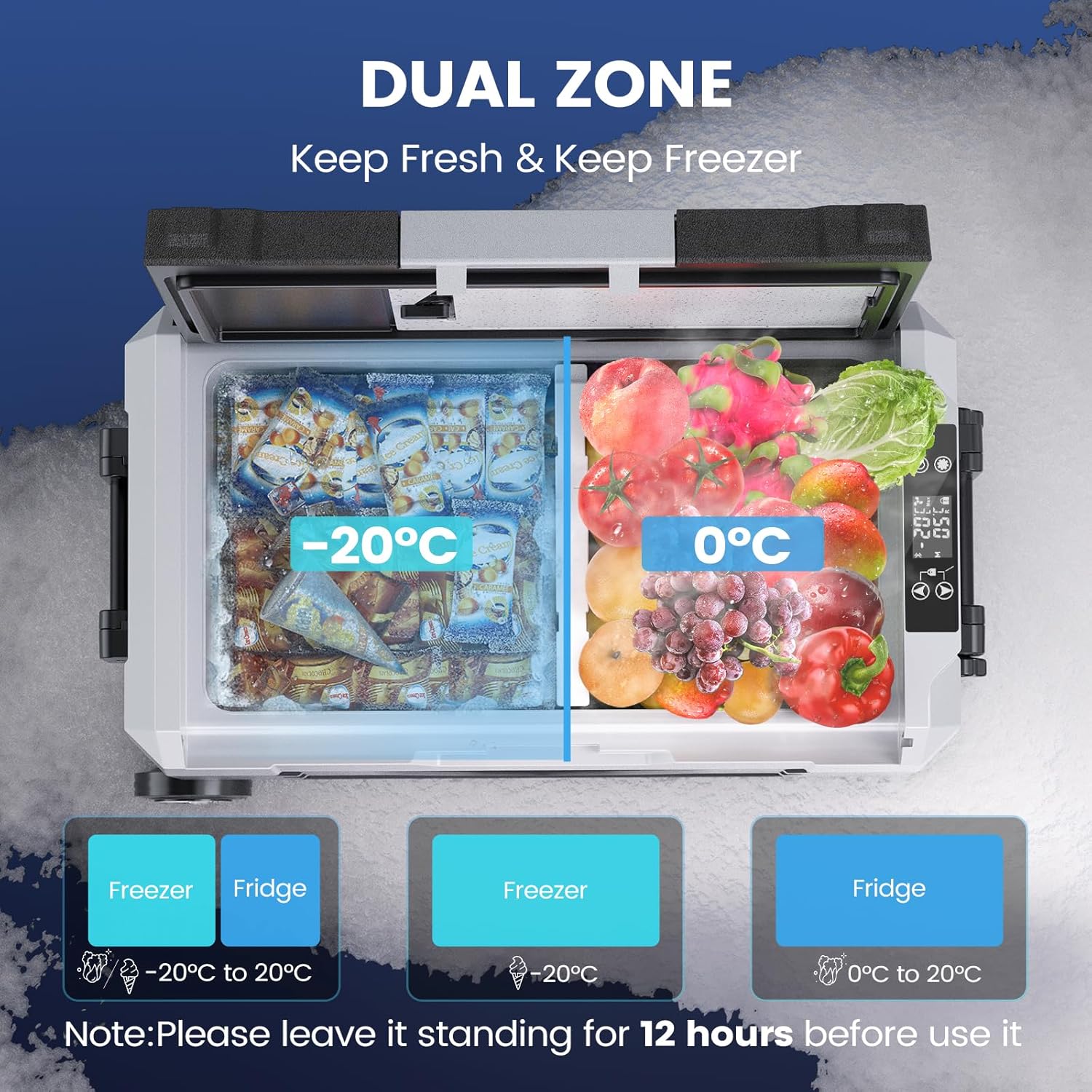Diagrama que mostra la funcionalitat de doble zona de la nevera KROAK, amb un costat configurat a -20 °C per a la congelació i l'altre a 0 °C per a la refrigeració.