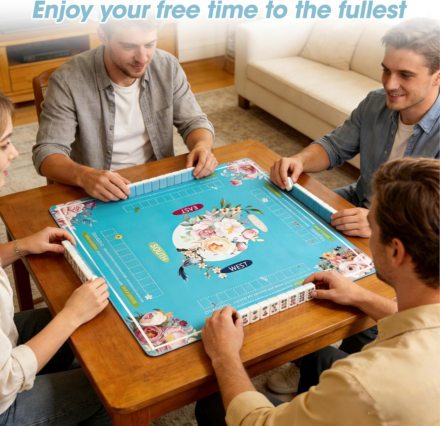 Mahjong Mat 32x32 Inch Hand-Drawn Style Non-Slip Style Quiet Play Mat with Rules Anti-Wrinkle Waterproof Suitable for Trendy Parties Poker Board Games Dominoes