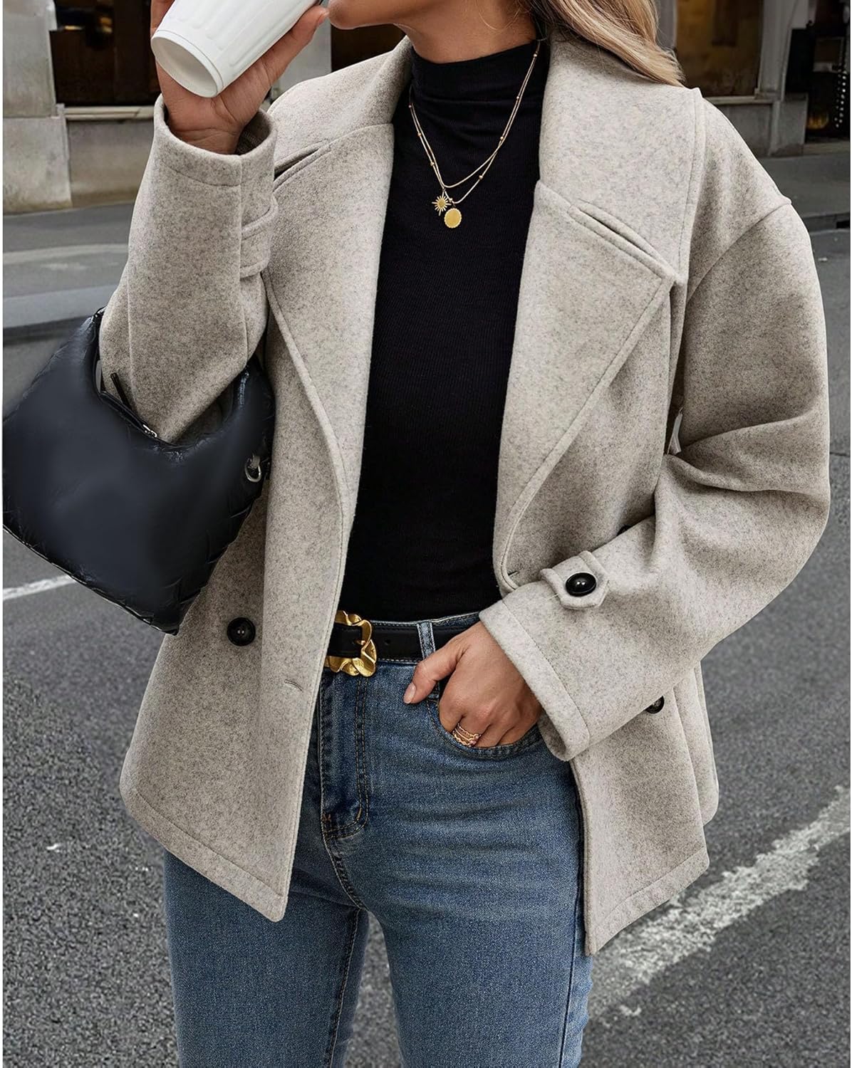 ECDAHICC Womens Wool Blend Lapel Coat Fall Winter Pea Coat Double Breasted Blazer Jackets Fashion Coat - Image 2