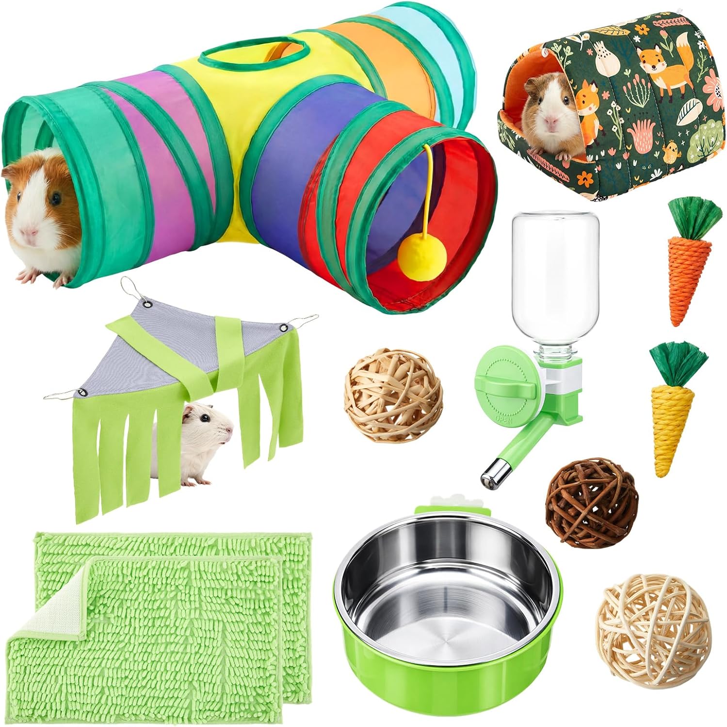 12 Pcs Guinea Pig Starter Kit, Guinea Pig Hideout Toy Set with Tunnel and House, Chew Toy Bowl Water Feeder Cage Accessories for Hamster Hedgehog Chinchilla Small Animal(Stylish Style,Green)