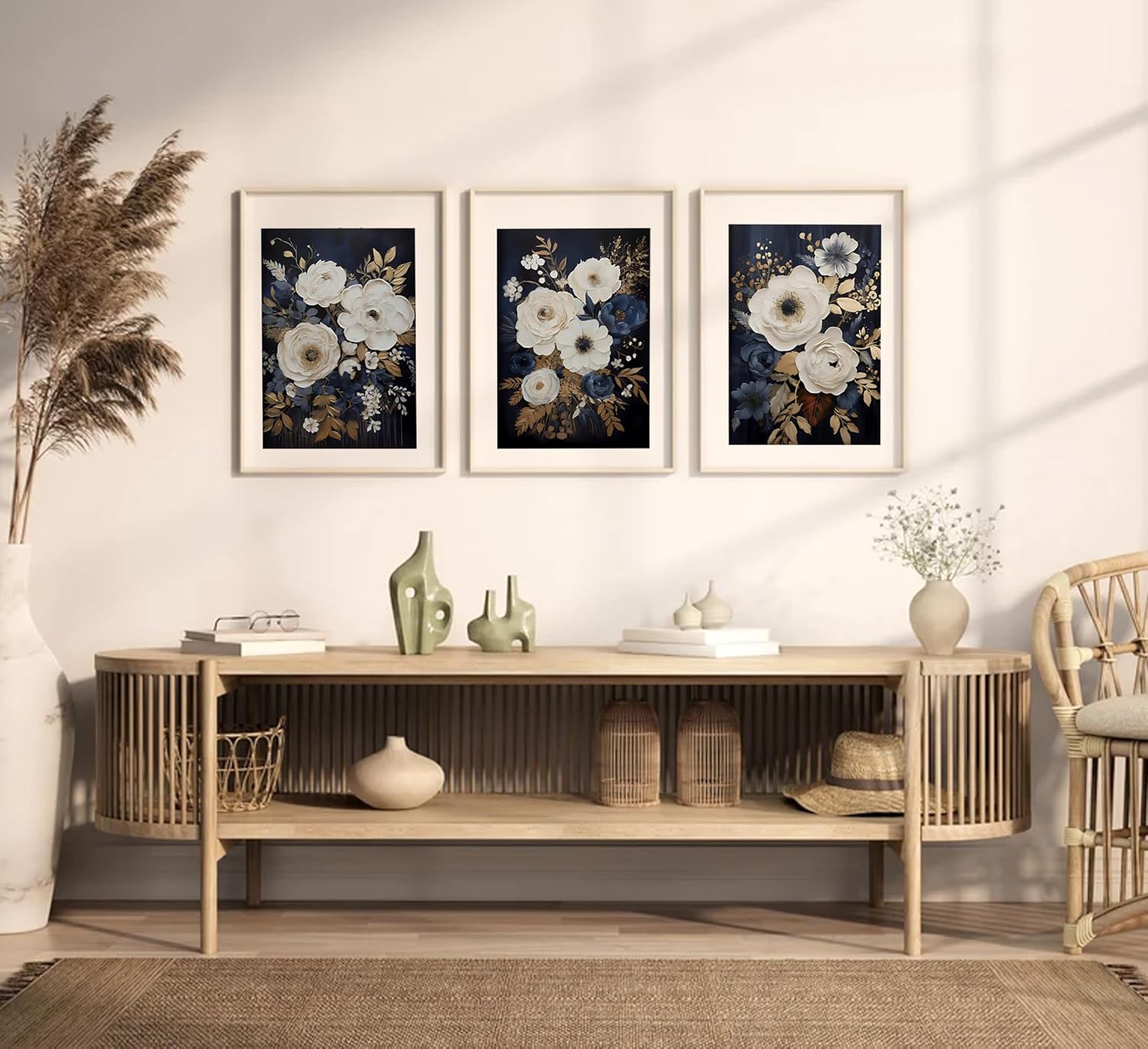 3Pcs Navy Blue Abstract Floral Canvas Wall Art Moody Dark Flowers Plants Painting Picture Wall Decor Poster Print Artwork Suitable for Living Room Bedroom Home Decoration - Image 4