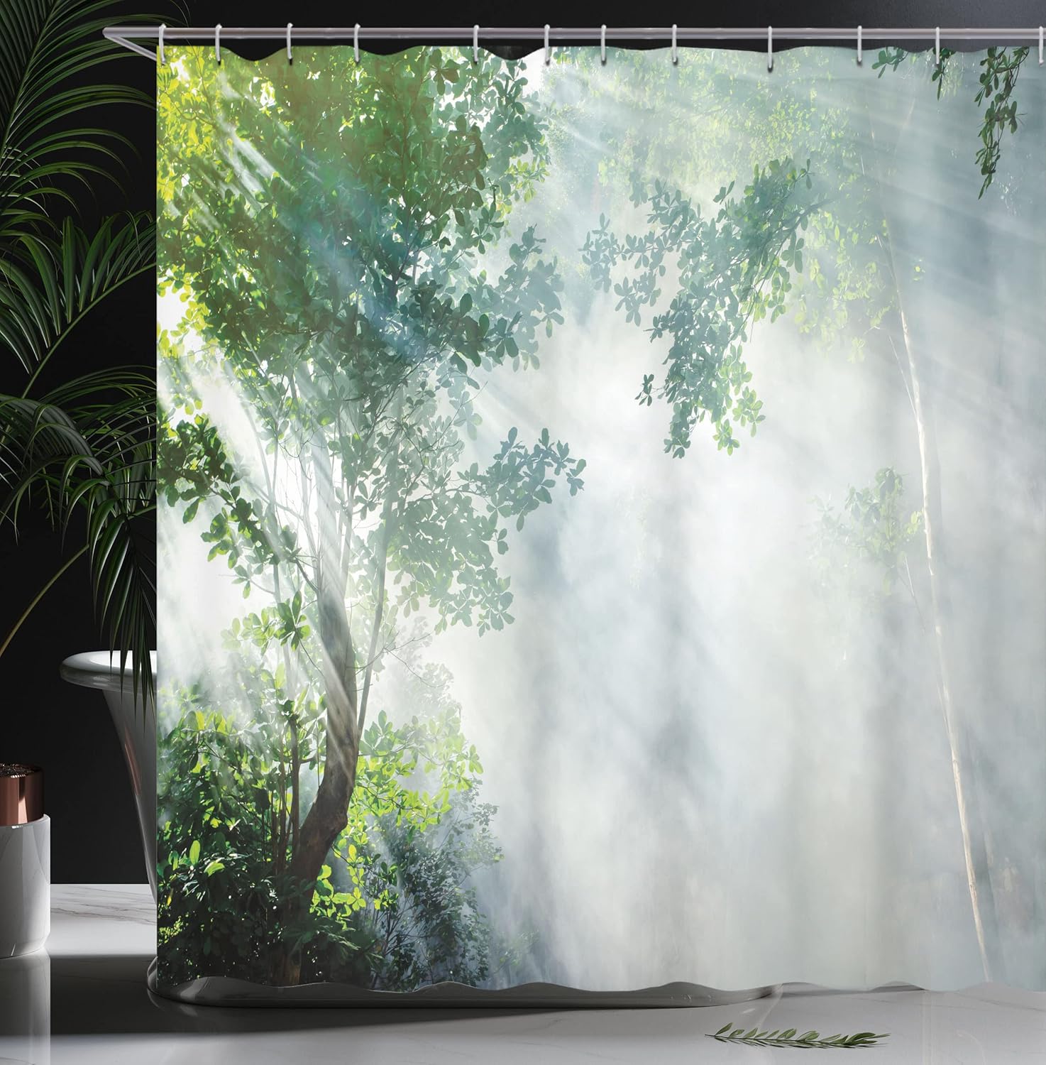 Ambesonne Rainforest Shower Curtain, Sunbeam Between Shadows of Trees Idyllic Scenery of Solitude in Jungle Theme, Cloth Fabric Bathroom Decor Set with Hooks, 69" W x 75" L, Green White
